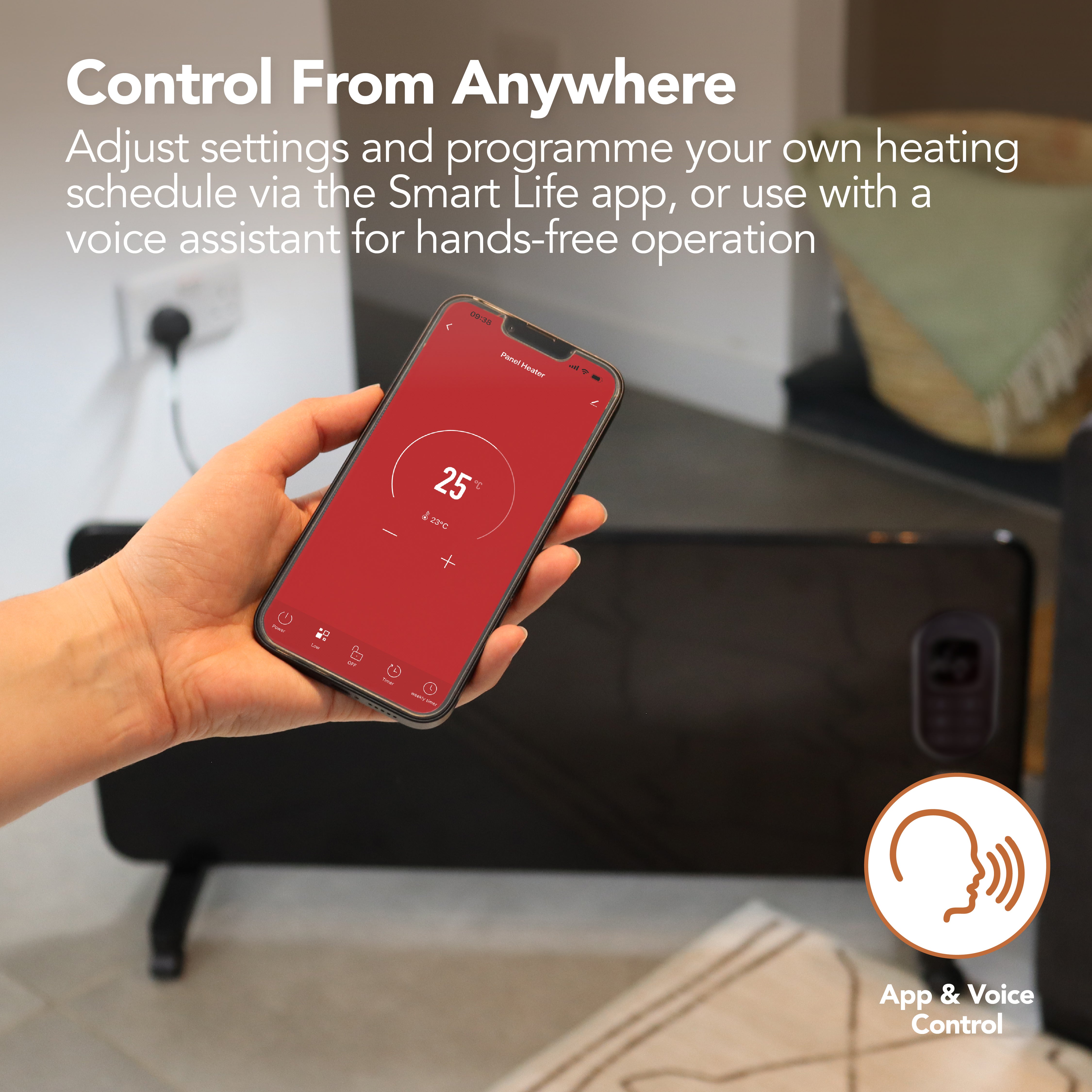 A hand holds a smartphone showing the Igenix Smart Electric Panel Heater, 2000W, Black app set to 25°C. Text highlights easy heating control via remote app or Alexa for effortless management.