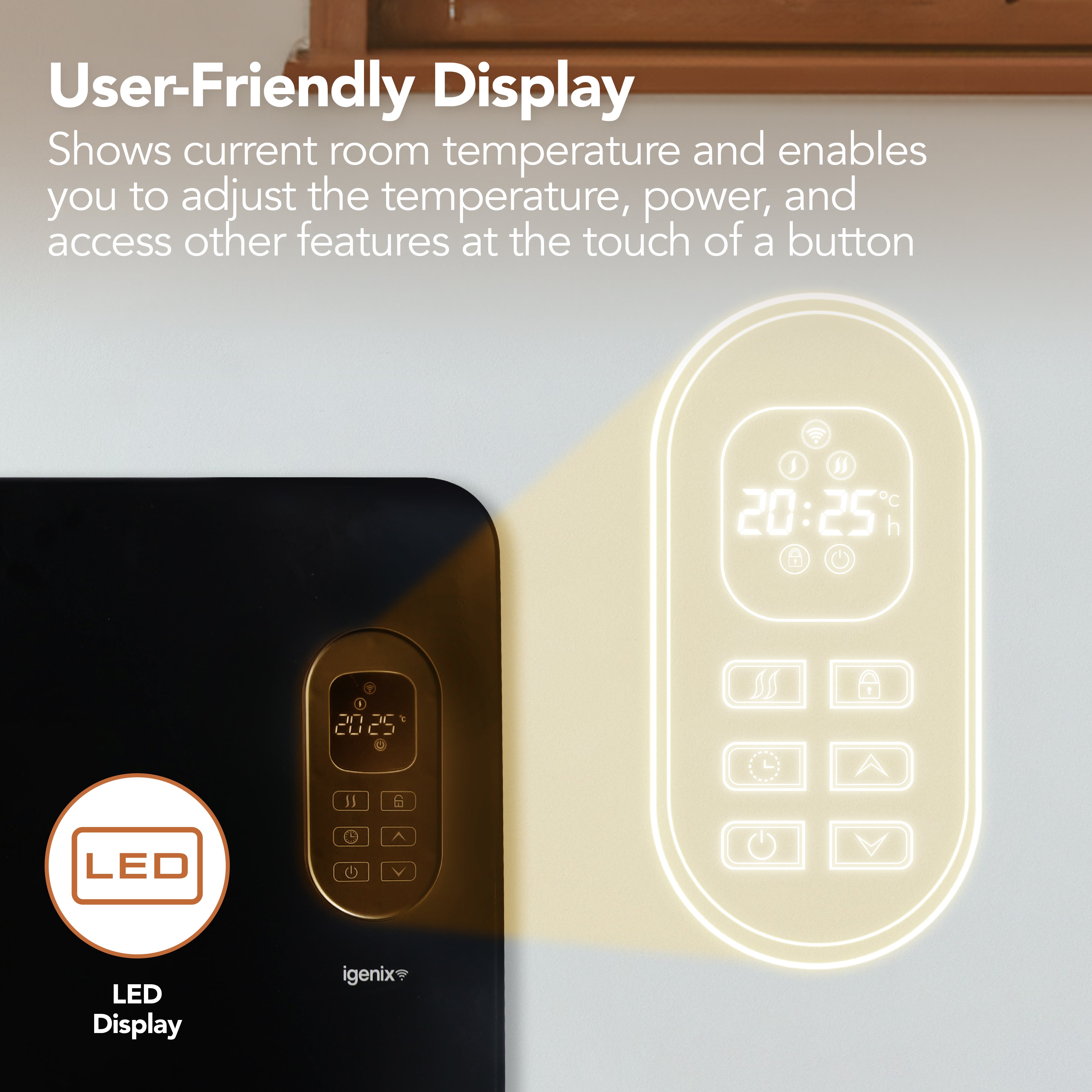 A close-up of the Igenix Smart Electric Panel Heater’s LED display shows room temperature, time, and labeled controls for power and heat adjustment. Text highlights the user-friendly interface of this 2000W black heater.
