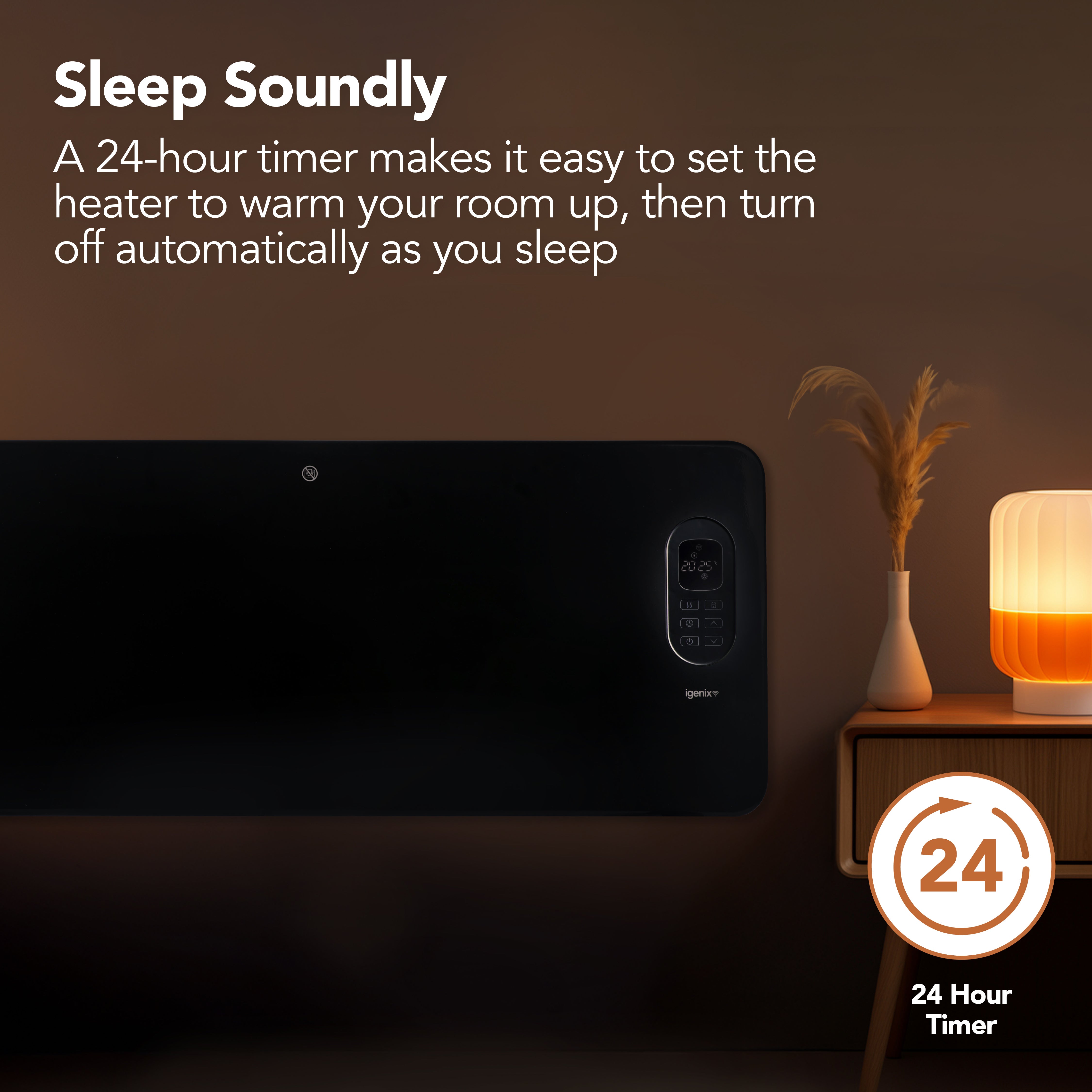 The Igenix Smart Electric Panel Heater, 2000W in black, features a digital display and 24-hour timer—ideal for overnight warmth. Wall-mounted near a table with decor, it’s Alexa compatible for added modern convenience.