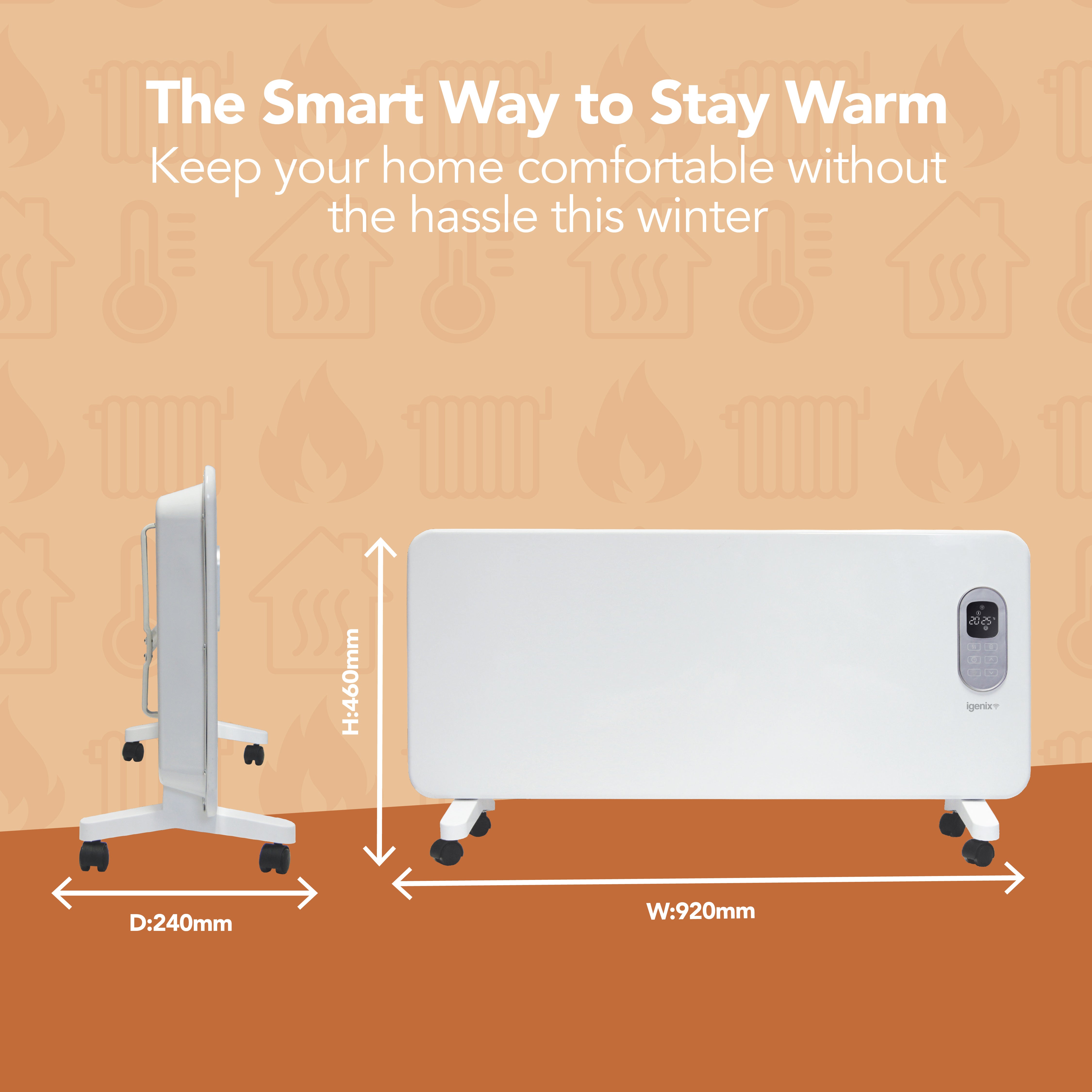The Igenix Smart Electric Panel Heater, 2000W in white, is shown from the side and front with labeled dimensions: height 440mm, width 920mm, depth 240mm. Heating icons and Alexa tips for winter warmth appear in the background.