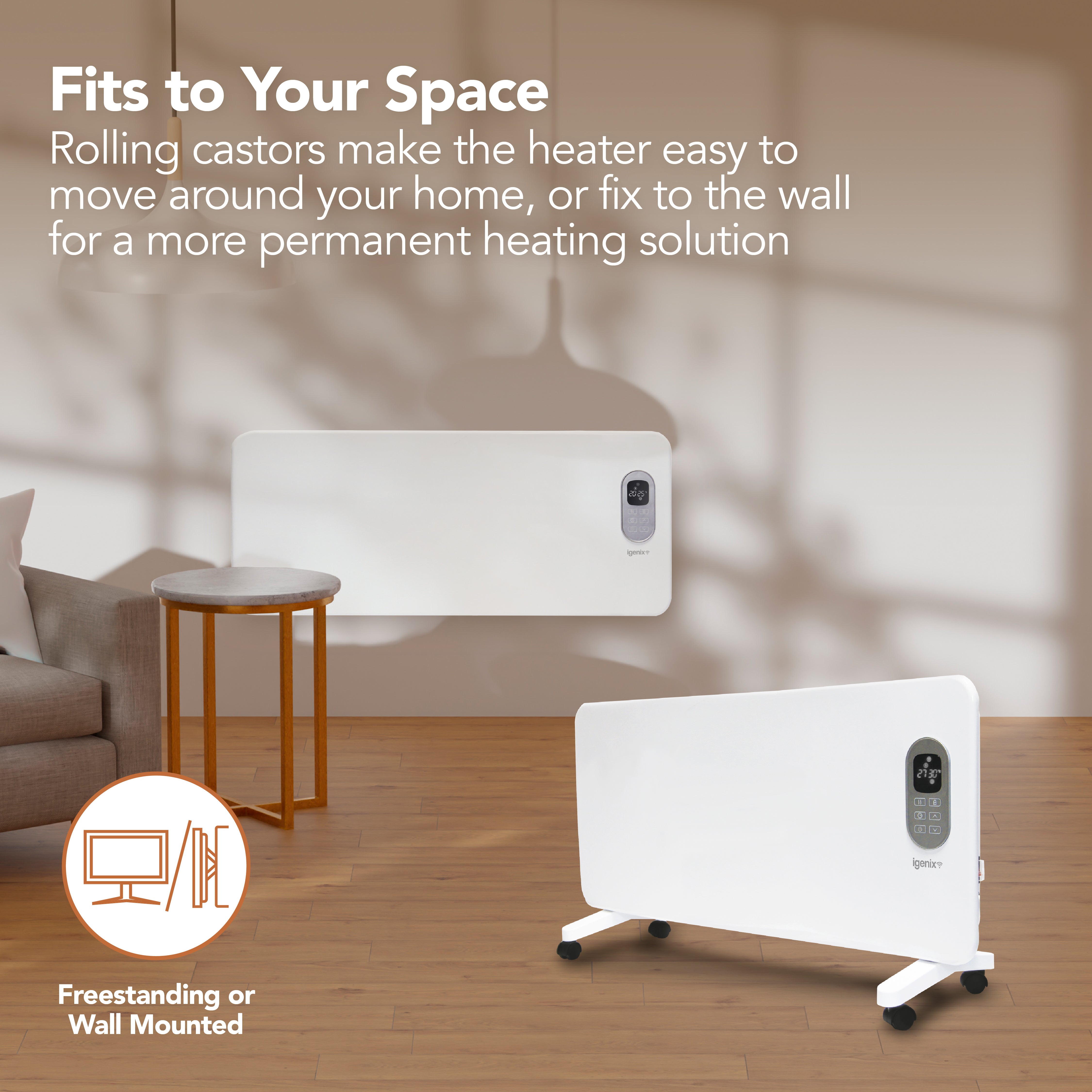 The Igenix Smart Electric Panel Heater, 2000W in white, is displayed wall-mounted and freestanding in a cozy living room. Rolling castors offer mobility, a wall-mount option provides permanent heating, and WiFi connectivity ensures easy control.