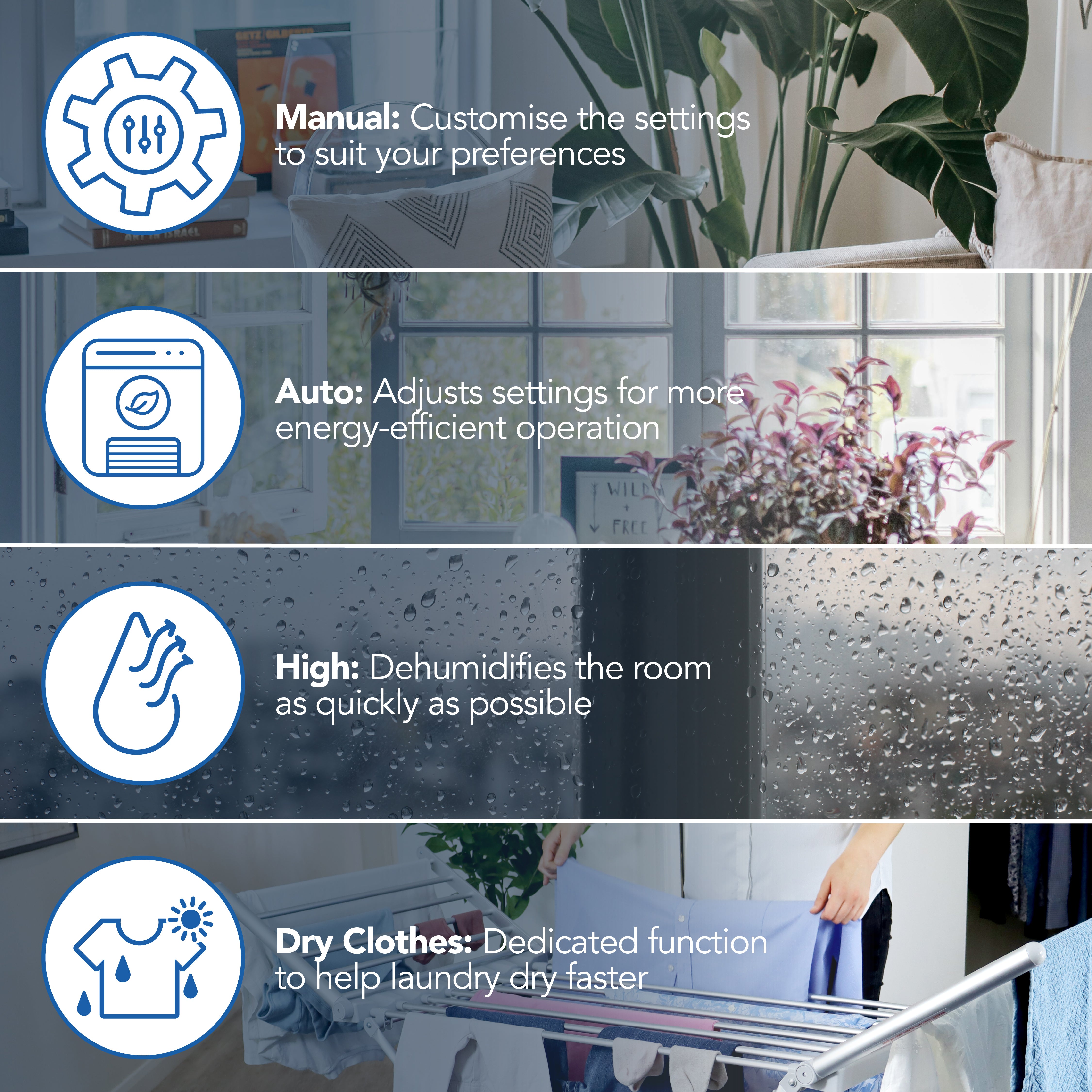Infographic showcases Igenix Portable Dehumidifier (extracts 12L/day) with icons for its four modes—Manual, Auto, High, and Dry Clothes—over images of home settings like laundry, plants, and rainy windows. Ideal for efficient home use.