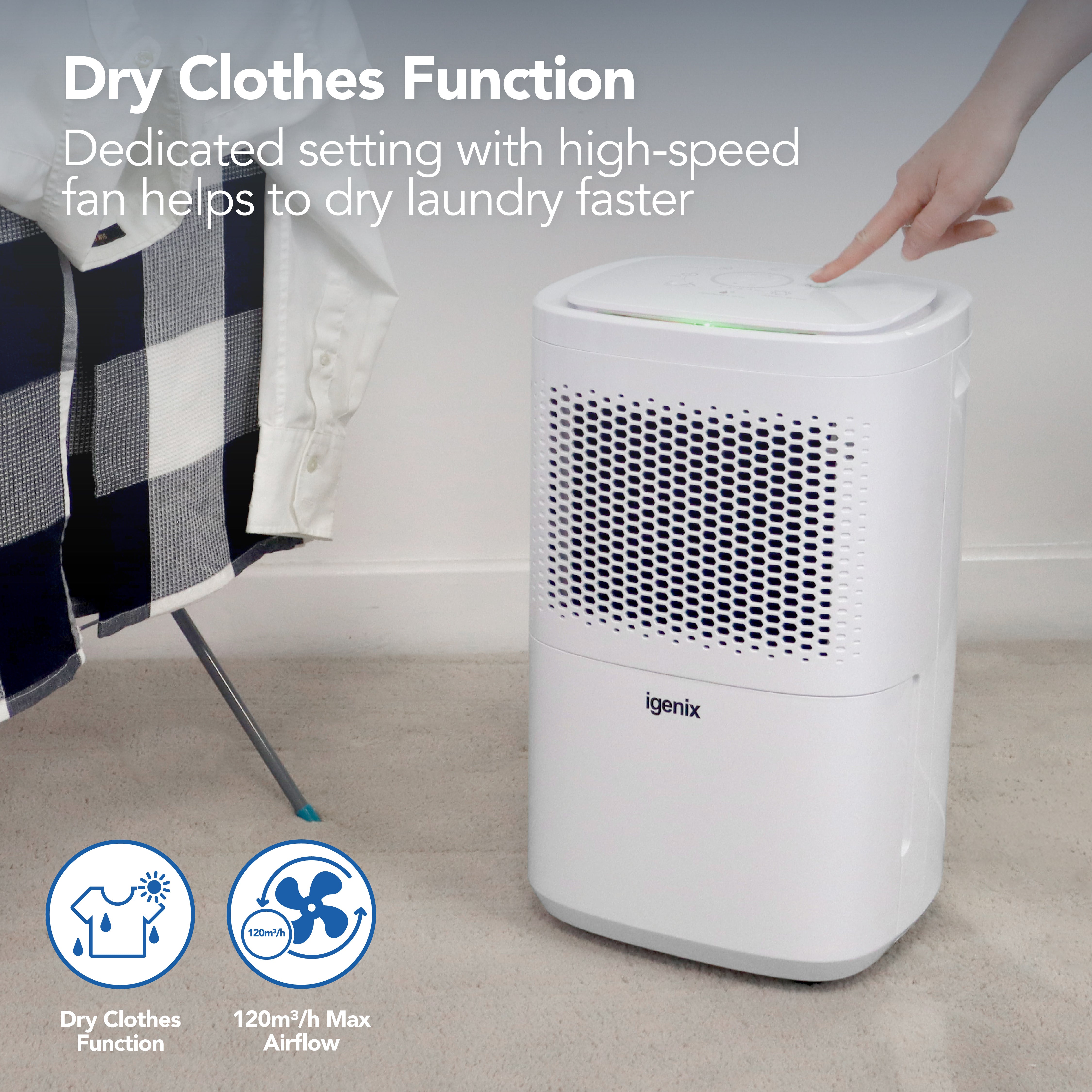 An Igenix Portable Dehumidifier (extracts 12L/day) stands by indoor laundry. Text highlights its drying function and high-speed fan for faster clothes drying. Two icons show this feature and max airflow of 120m³/h.