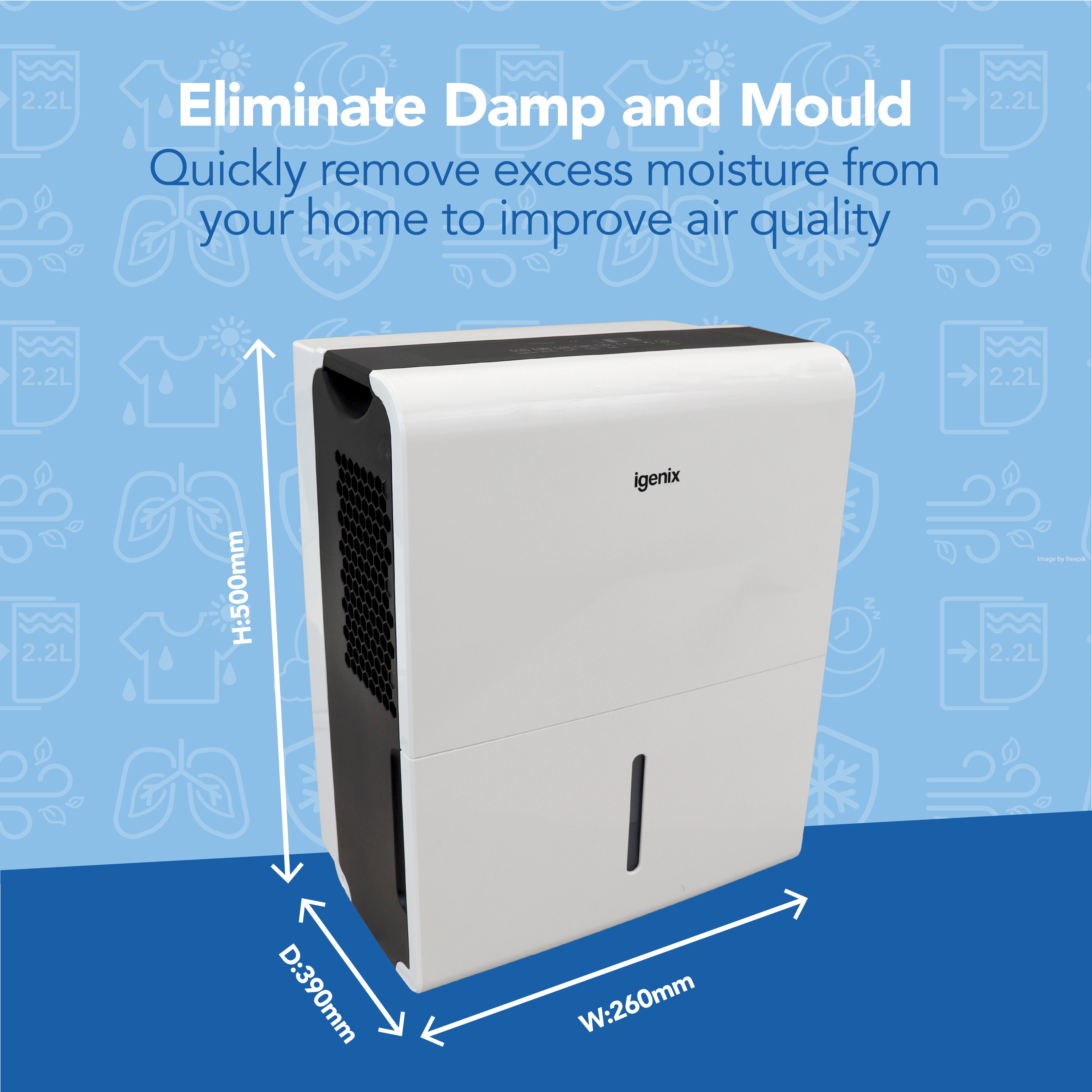 The Igenix Portable Dehumidifier, shown against a blue background with icons, extracts 30 litres per day, eliminates damp and mould, features continuous drainage, and measures H:500mm x D:300mm x W:260mm.