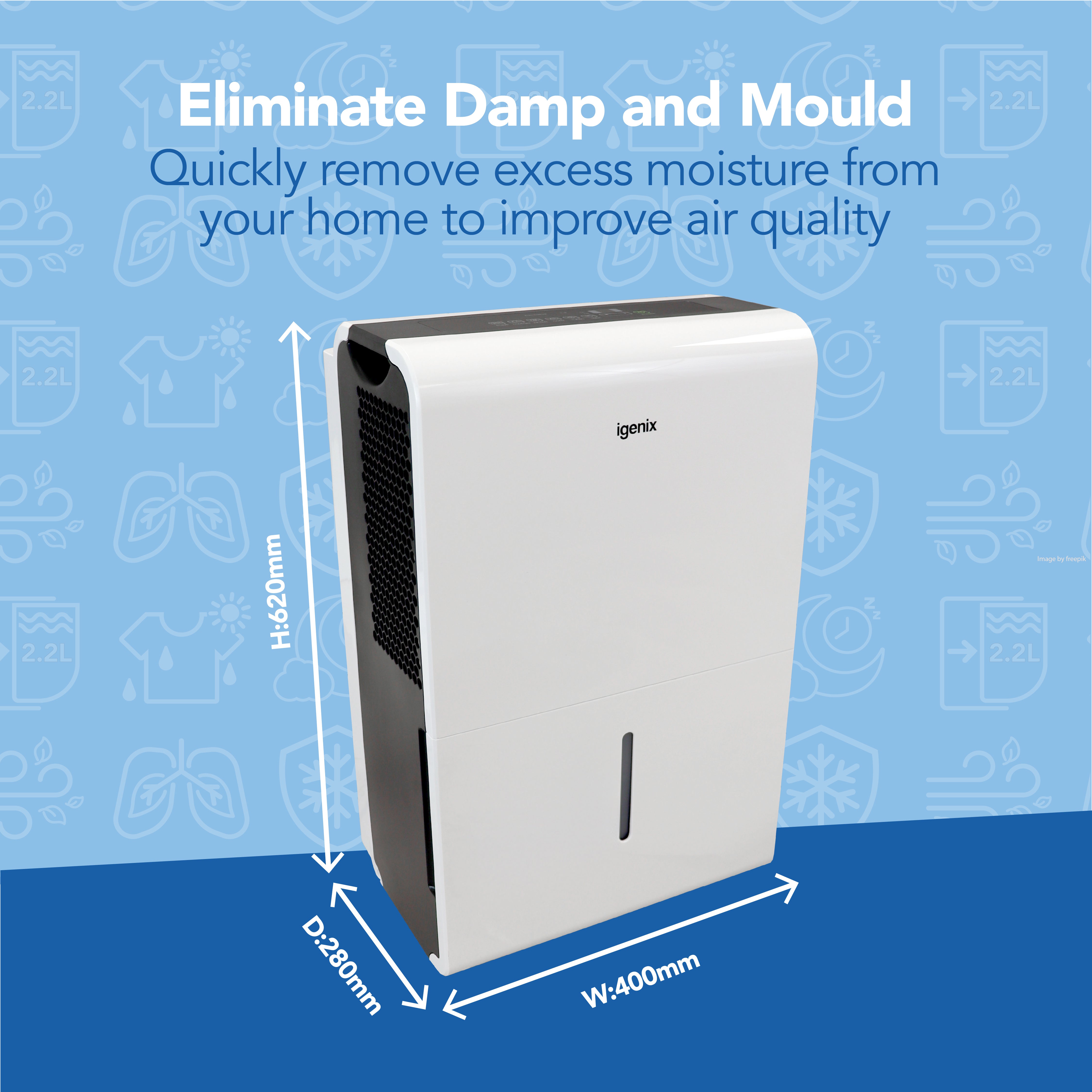 The Igenix Portable Dehumidifier (50L/day) in white, measuring 620mm (H) x 400mm (W) x 280mm (D), swiftly eliminates damp and mould by removing excess moisture and improving your home's air quality.