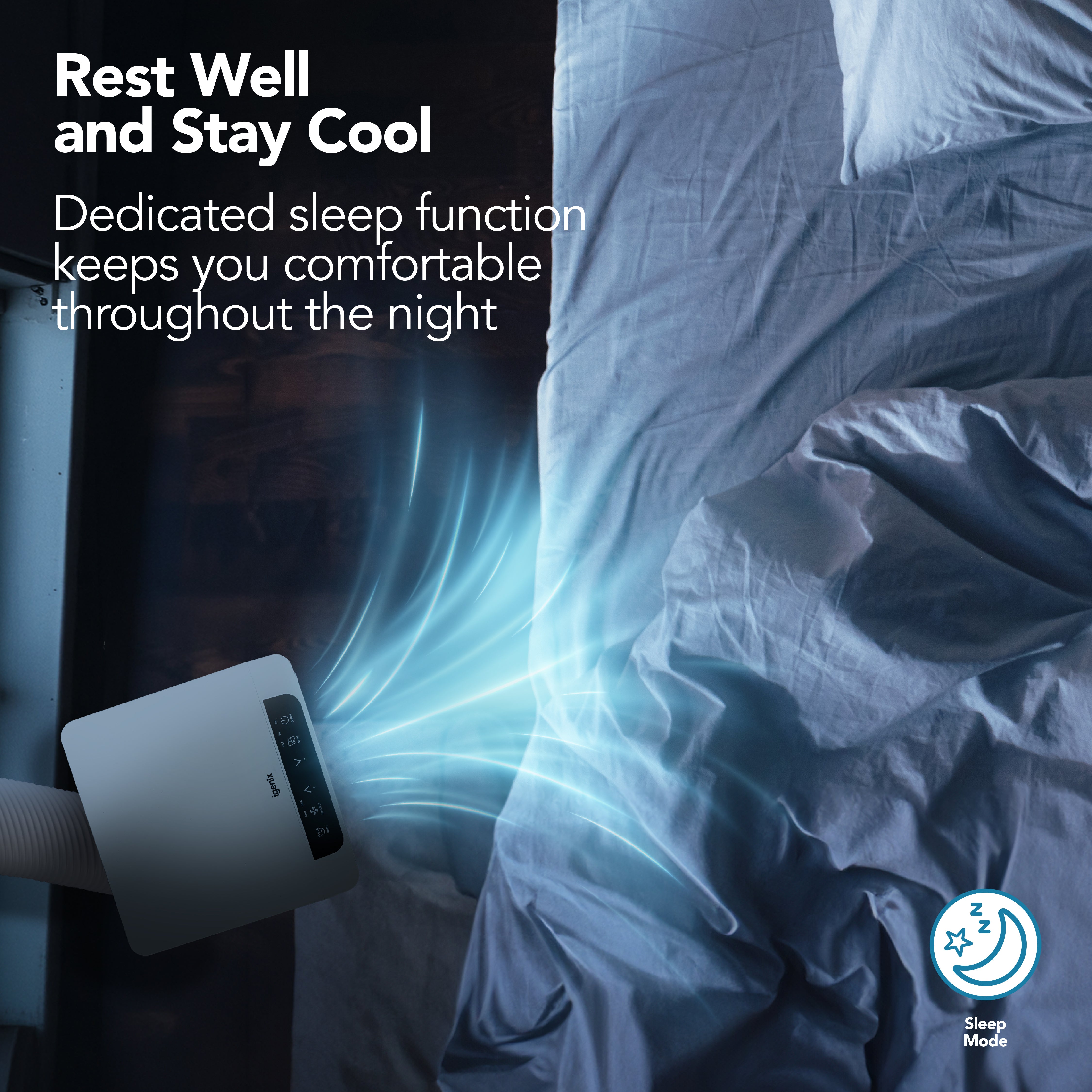 An Igenix 3-in-1 Portable Air Conditioner (7000 BTU)—featuring Cooling, Fan, and Dehumidifier functions—directs cool air across a bed with a white sheet. Text reads, Rest Well and Stay Cool. The dedicated Sleep Mode keeps you comfortable all night long. An icon highlights the convenience of Sleep Mode on this portable air conditioner.