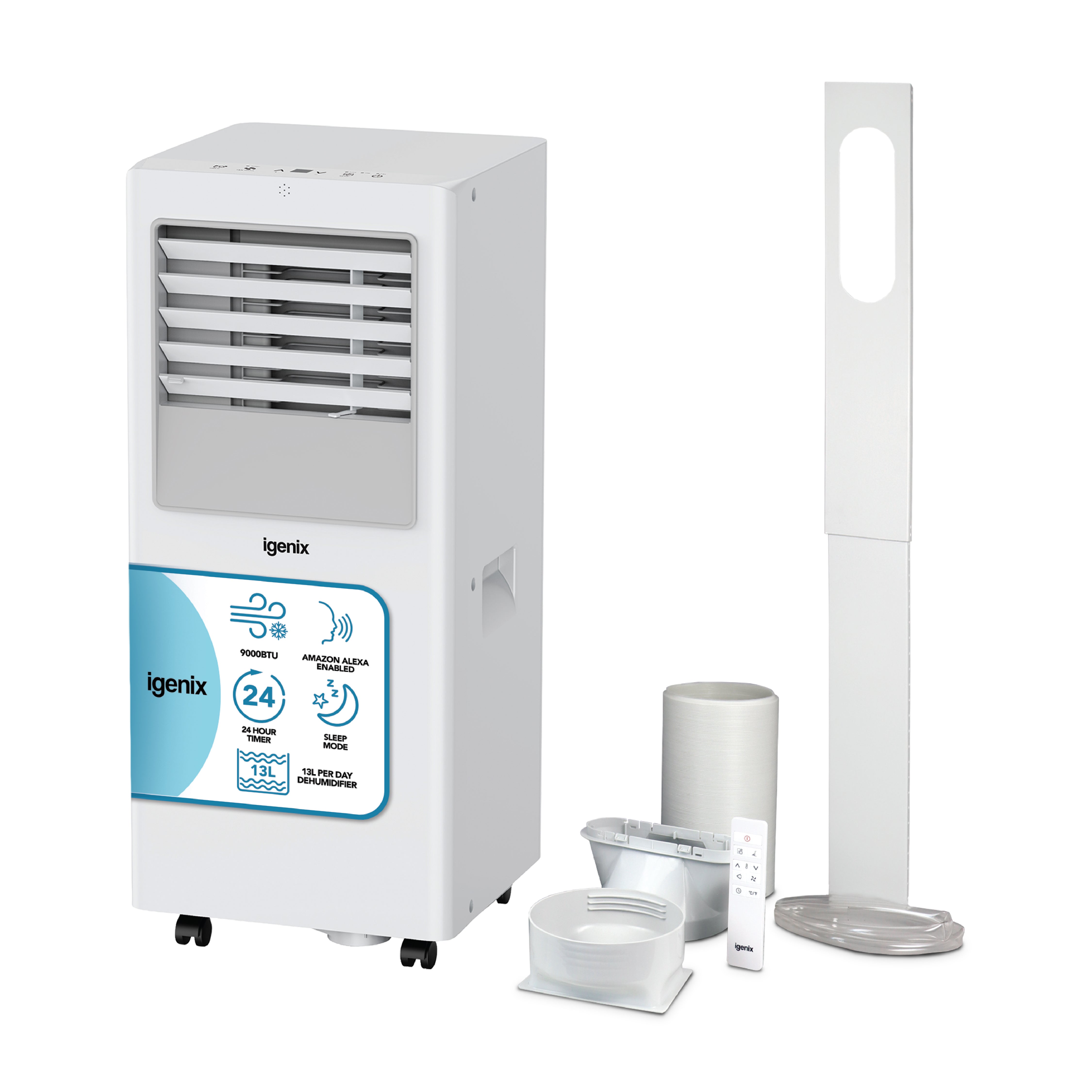 The Igenix 3-in-1 Portable Air Conditioner, Cooling, Fan & Dehumidifier (9000 BTU), is shown in white with a control panel, vent hose, window kit, remote control, and adapter accessories displayed beside it. This versatile unit features clearly labeled functions and convenient wheels for easy movement.