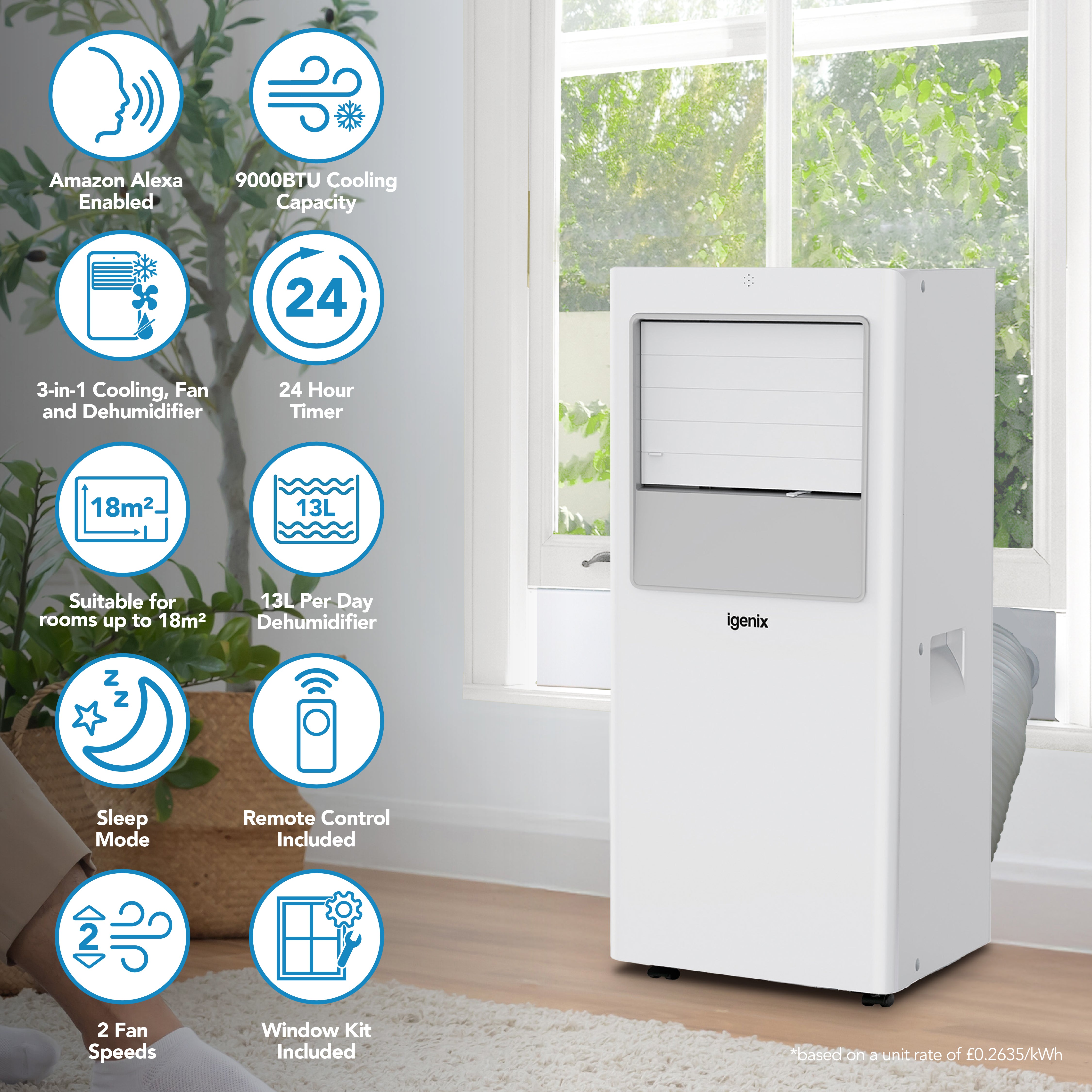 An Igenix 3-in-1 Portable Air Conditioner, Cooling, Fan & Dehumidifier (9000 BTU), shown in a bright room alongside icons that emphasize its Alexa compatibility, 24-hour timer, versatile 3-in-1 functionality, coverage of up to 18m², dehumidifier mode, multiple fan speeds, and included remote control.
