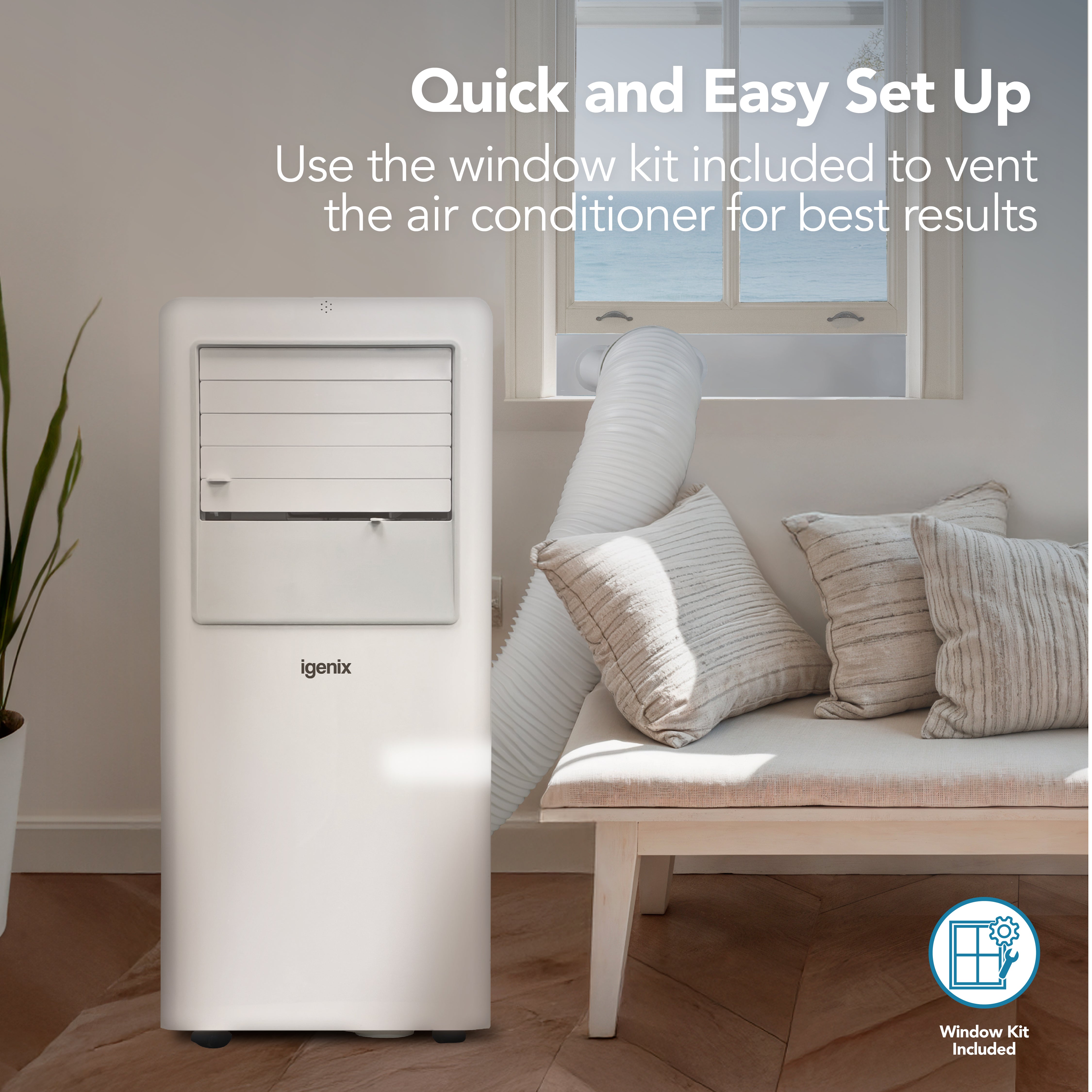 An Igenix 3-in-1 Portable Air Conditioner (Cool, Fan & Dehumidifier, 9000 BTU) is shown with its vent hose connected to a window in a sunlit room; accompanying text highlights the straightforward setup using the included window kit for this versatile appliance.