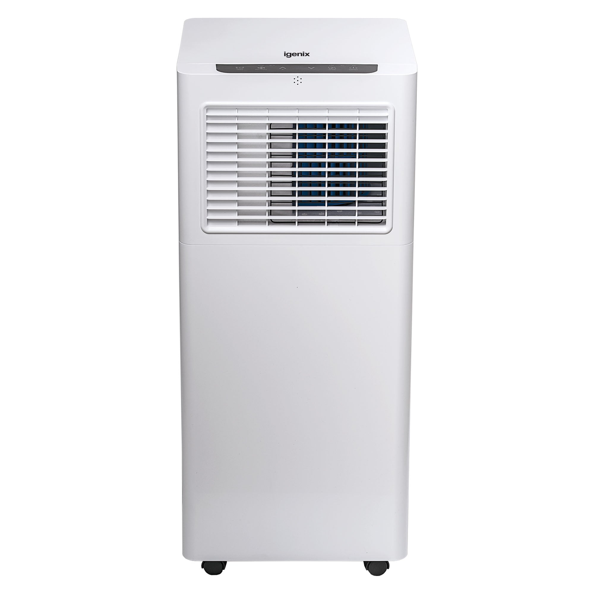 The Igenix 3-in-1 Portable Air Conditioner offers cooling, fan, and dehumidifier modes with 9000 BTU power. It features a front-facing vent, top control panel, and small wheels for easy movement.