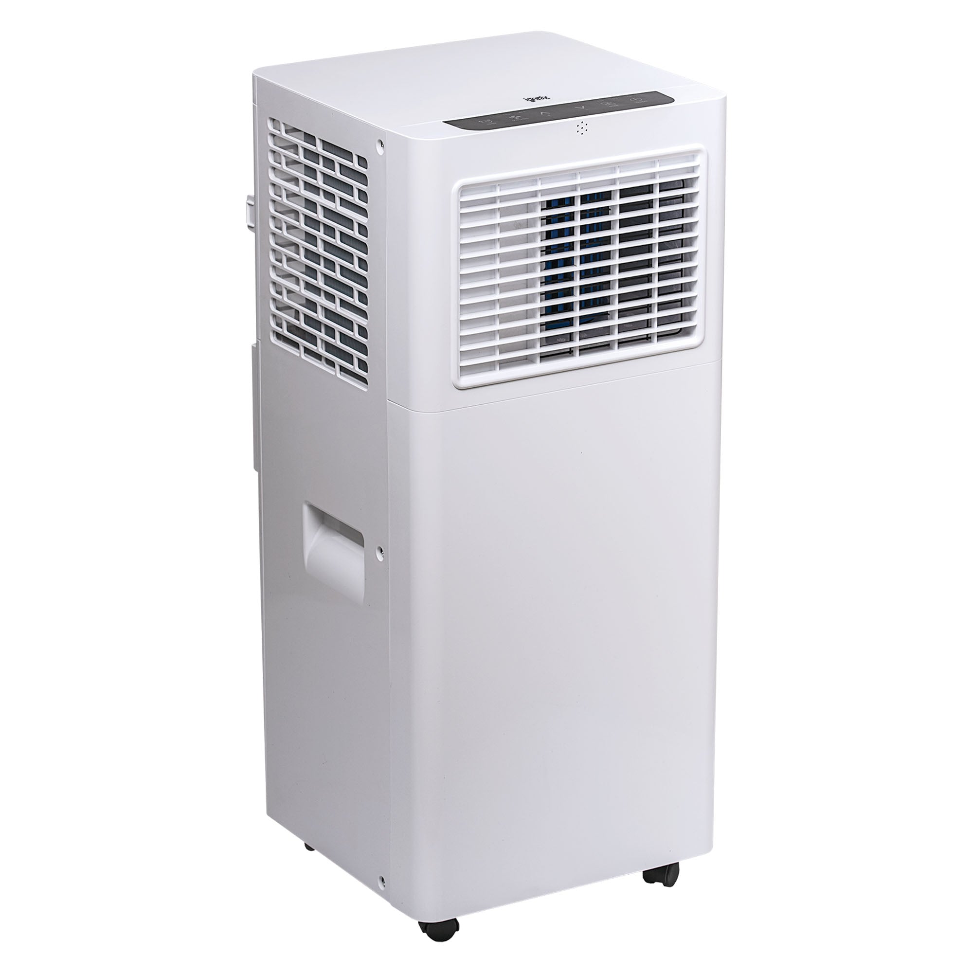 The Igenix 3-in-1 Portable Air Conditioner offers cooling, fan, and dehumidifier modes, features front and side vents, a top control panel, small base wheels for mobility, and delivers a powerful 9000 BTU performance.