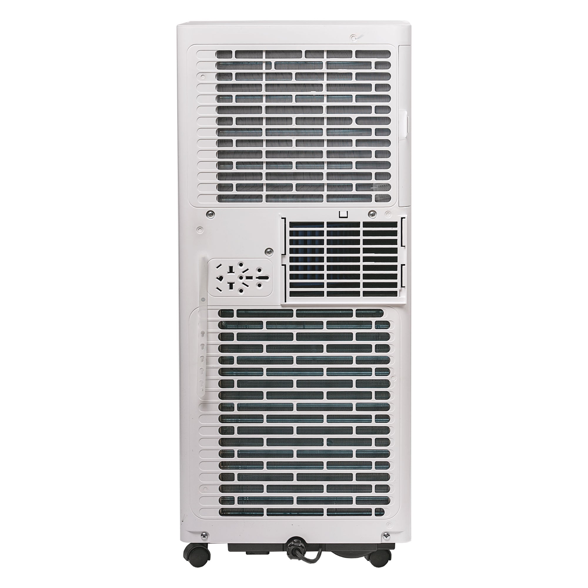 The back view of the Igenix 3-in-1 Portable Air Conditioner, Cooling, Fan & Dehumidifier (9000 BTU), features multiple vents, an exhaust outlet, a power cord, a carrying handle, and wheels at the base.