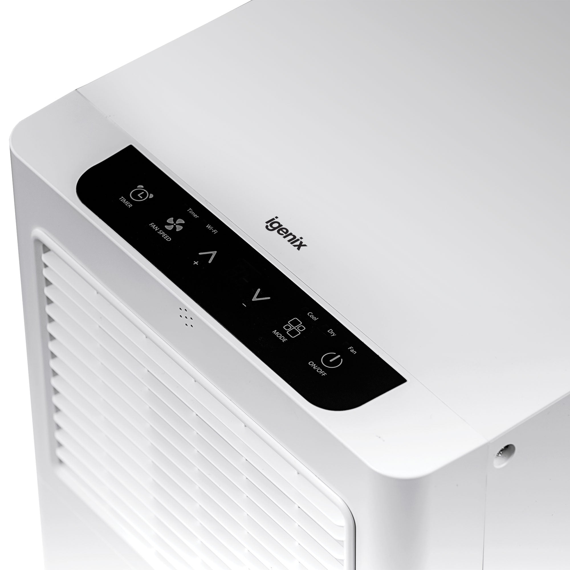 An Igenix 3-in-1 Portable Air Conditioner (Cooling, Fan & Dehumidifier, 9000 BTU) is shown from above at an angle, highlighting its control panel and front air vent—perfect for year-round comfort.