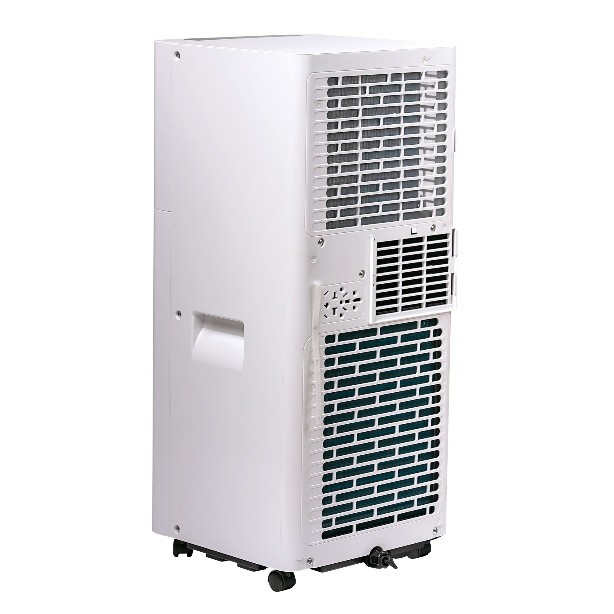 The Igenix 3-in-1 Portable Air Conditioner delivers 9000 BTU cooling, fan, and dehumidifier functions in a compact white unit with rear air vents, a side handle, and wheels for easy portability.
