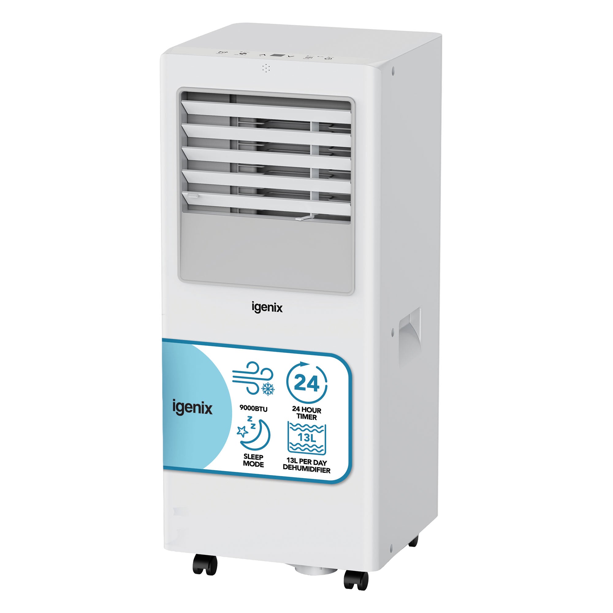 The Igenix 3-in-1 Portable Air Conditioner offers cooling, fan, and dehumidifier functions, with 9000 BTU power and a sleek white design featuring top control buttons and front vents.