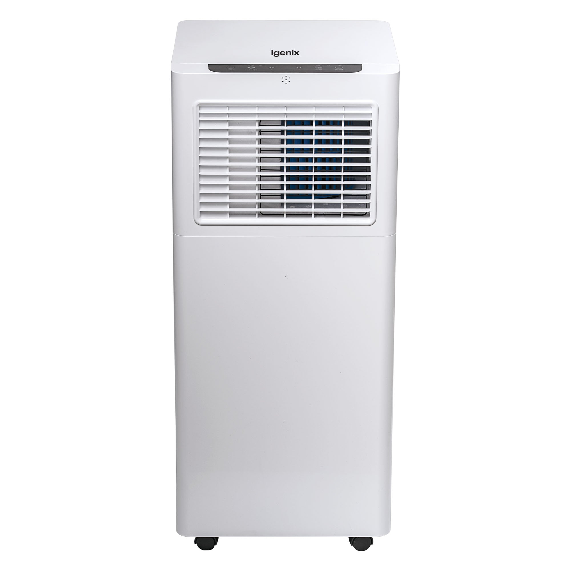 The Igenix 3-in-1 Smart Air Conditioner (9000 BTU) offers cooling, fan, and dehumidifier modes. It features front vents, a top control panel, and small wheels for portability. The Igenix logo appears on the top panel.