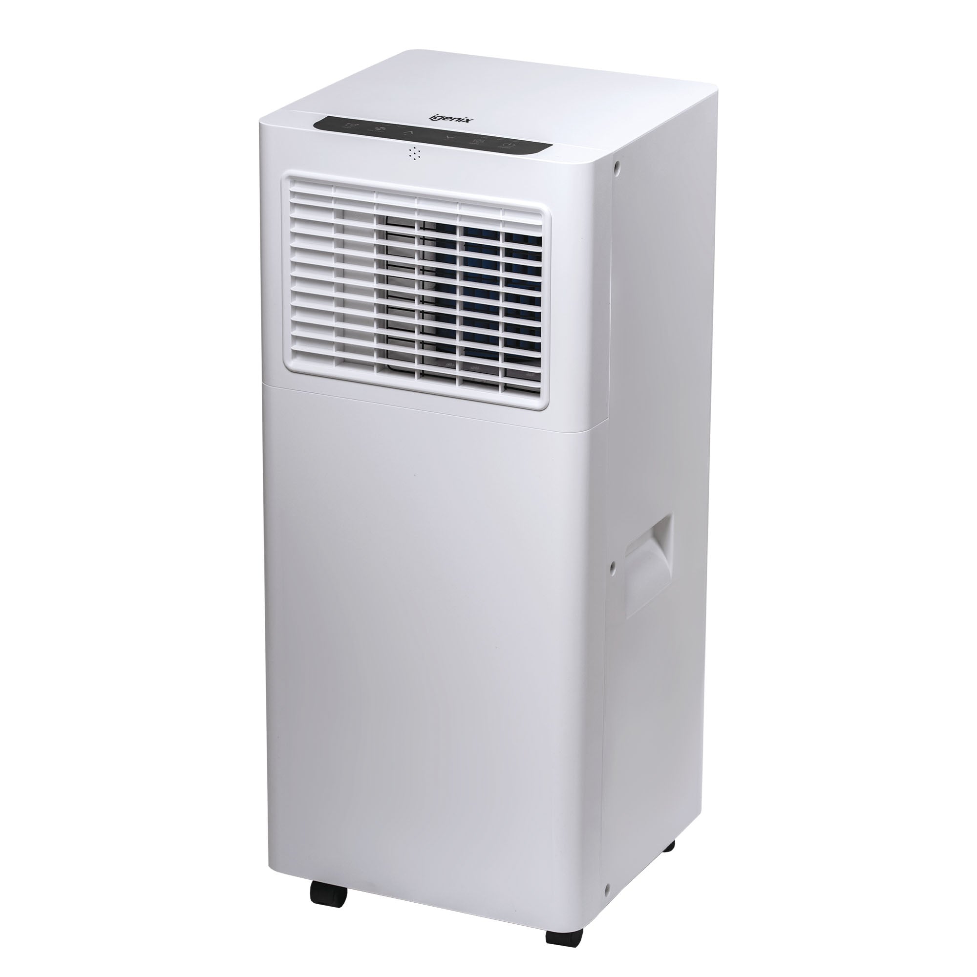 The Igenix 3-in-1 Smart Air Conditioner, Cooling, Fan & Dehumidifier (9000 BTU) is a white portable unit with a front vent, top control panel, and small wheels for easy movement.