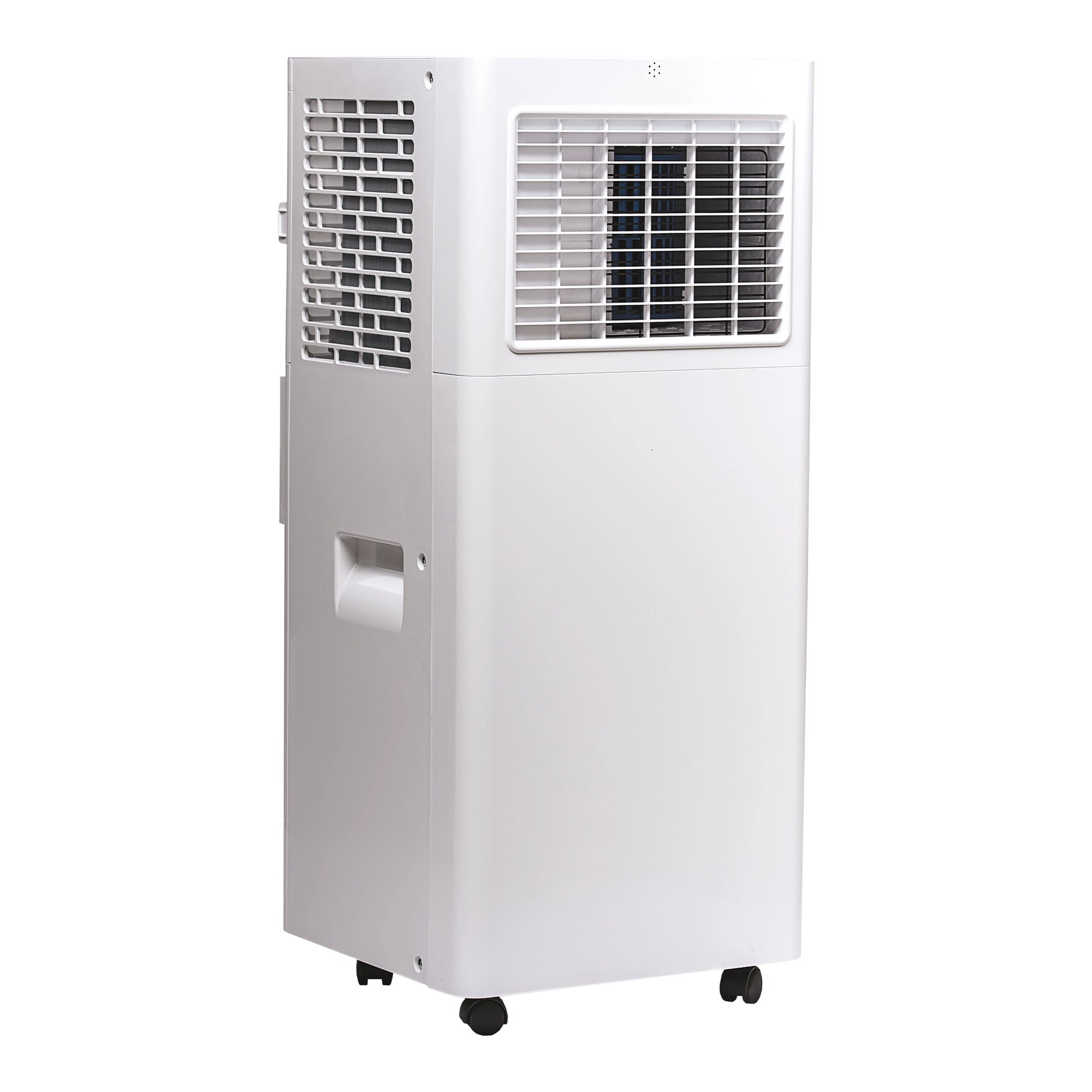 The Igenix 3-in-1 Smart Air Conditioner (9000 BTU) combines cooling, fan, and dehumidifier modes with front and side vents, a side handle, and small black wheels for easy portability.
