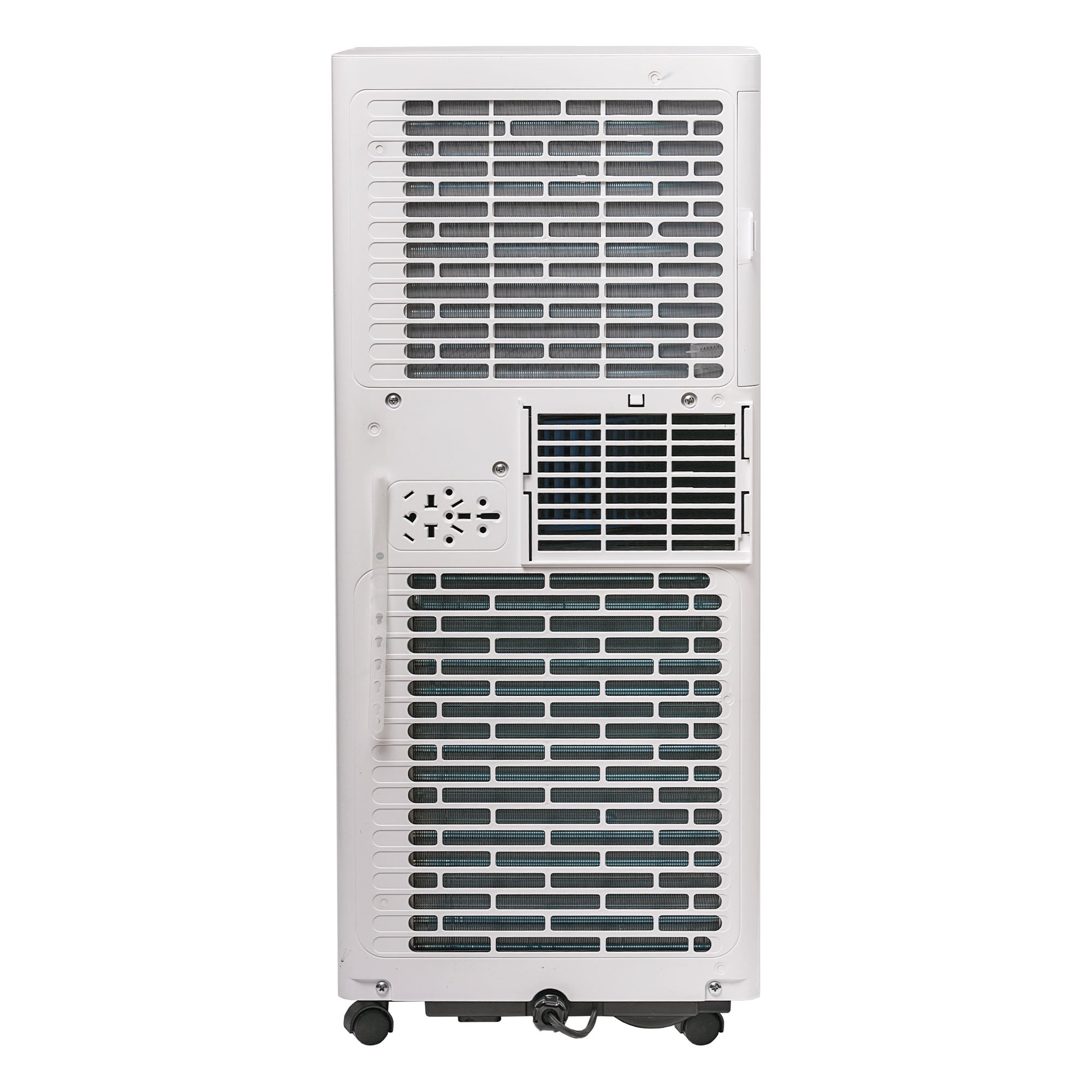 The Igenix 3-in-1 Smart Air Conditioner, Cooling, Fan & Dehumidifier (9000 BTU), is a tall white unit on wheels, shown from the back with multiple vents, a power cord, and a side handle.