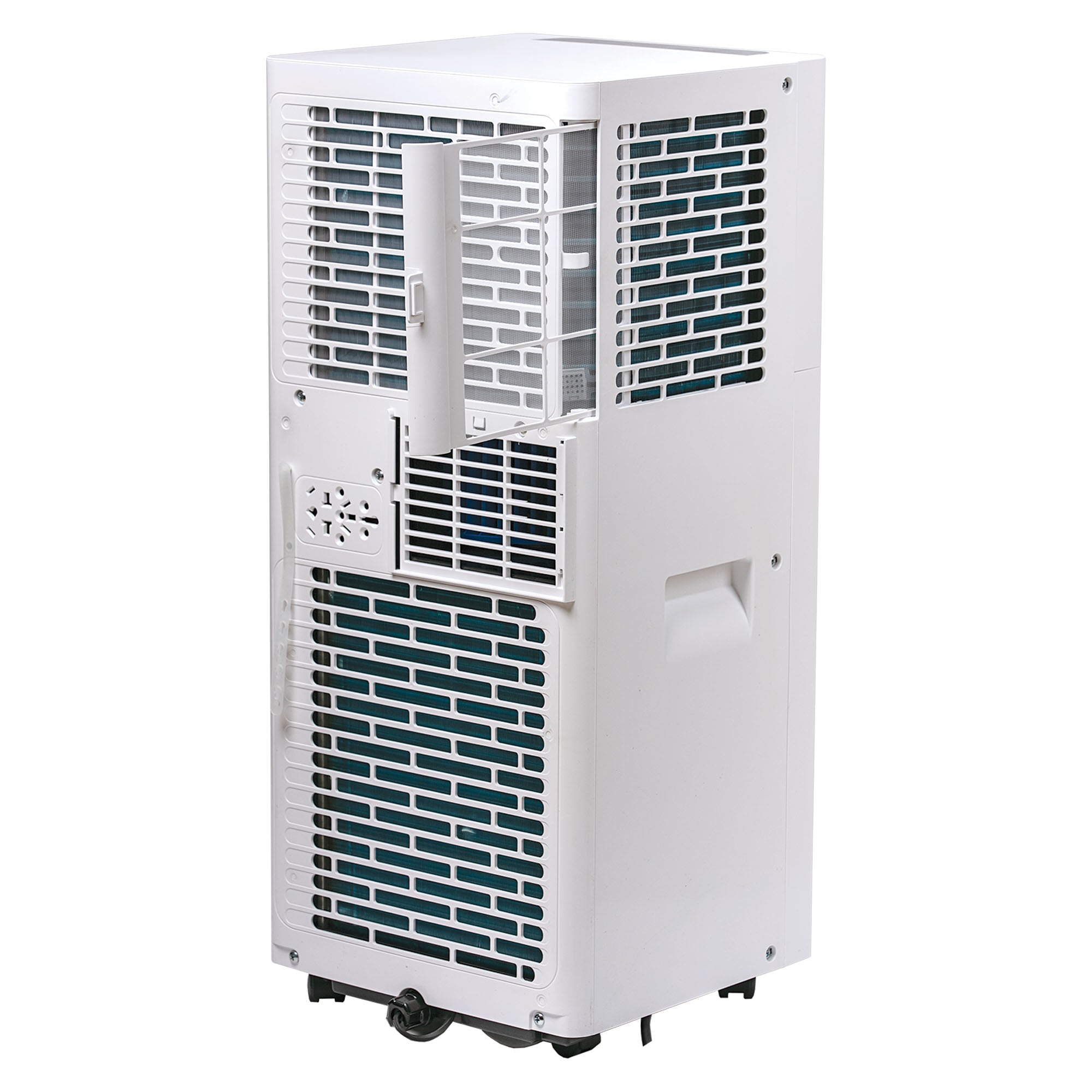 The Igenix 3-in-1 Smart Air Conditioner (9000 BTU) is shown from the back, displaying air vents, a handle, drain port, and caster wheels for easy movement; it also functions as a fan and dehumidifier.