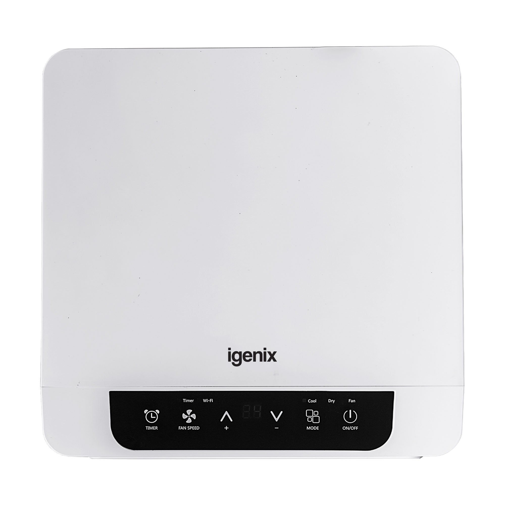 The Igenix 3-in-1 Smart Air Conditioner (9000 BTU) in white, viewed from above, features a black touch control panel with timer, fan speed, WiFi, mode, and power buttons plus a small digital display. Functions: cooling, fan & dehumidifier.