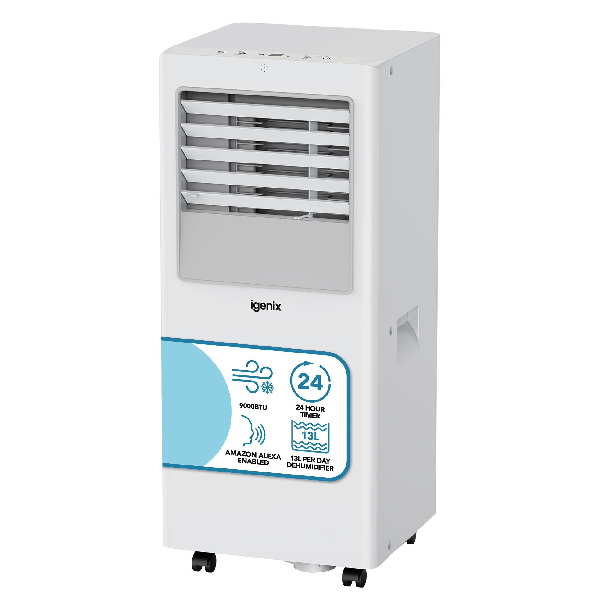 The Igenix 3-in-1 Smart Air Conditioner delivers 9000 BTU cooling, fan, and dehumidifier functions, with a white design on wheels, top control buttons, front vents, a blue capacity label, 24-hour timer, and Alexa compatibility.