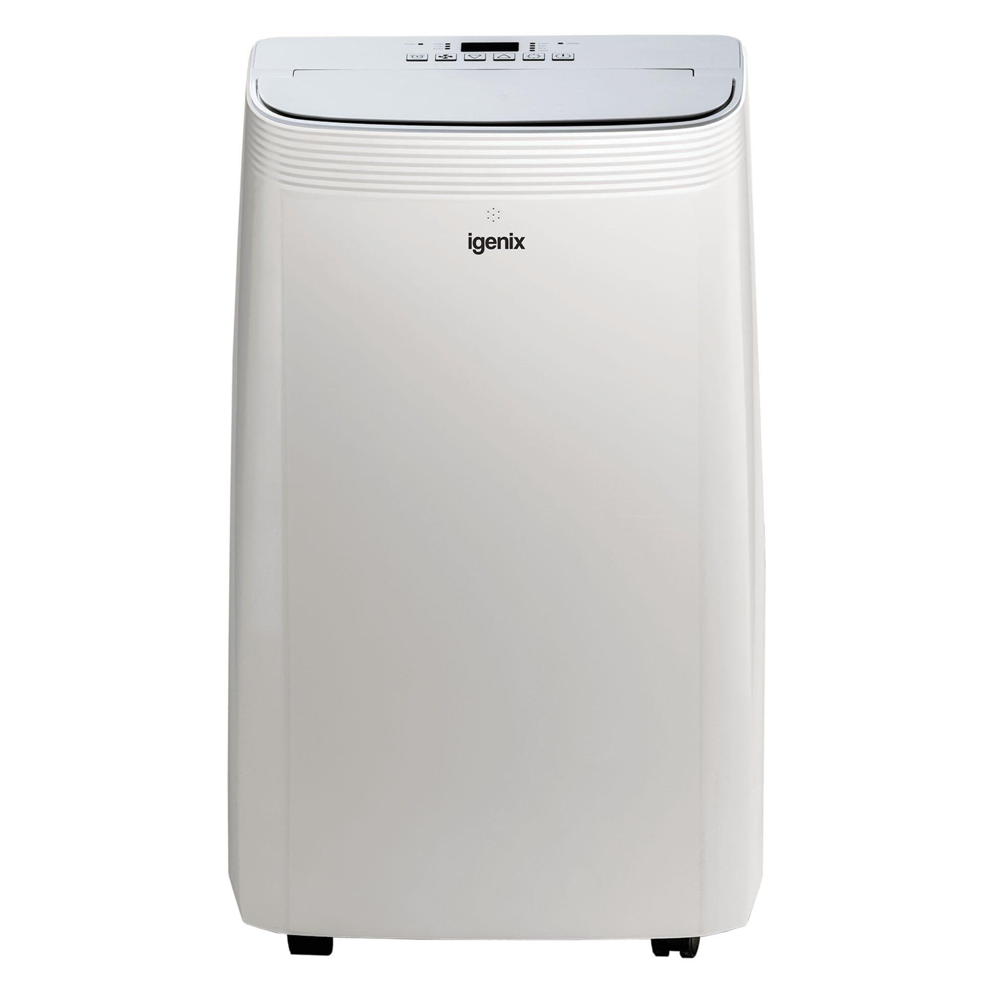 The Igenix 4-in-1 Portable Air Conditioner (12000 BTU) offers cooling, heating, and dehumidifier functions. It features a top control panel, air vents below, and small wheels at the base for easy mobility.