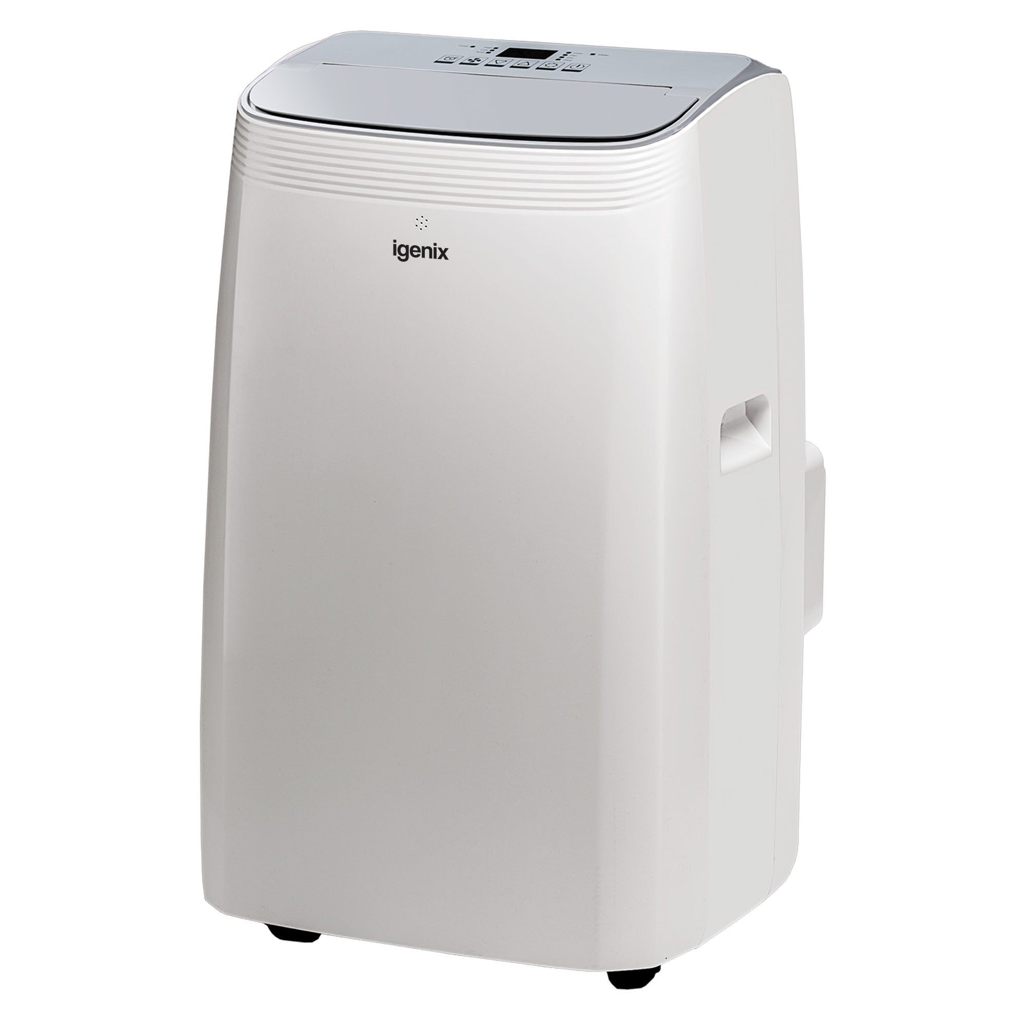 The Igenix 4-in-1 Portable Air Conditioner, 12000 BTU, with cooling, heating, and dehumidifier functions features a digital display and side handles in a sleek white design against a plain background.