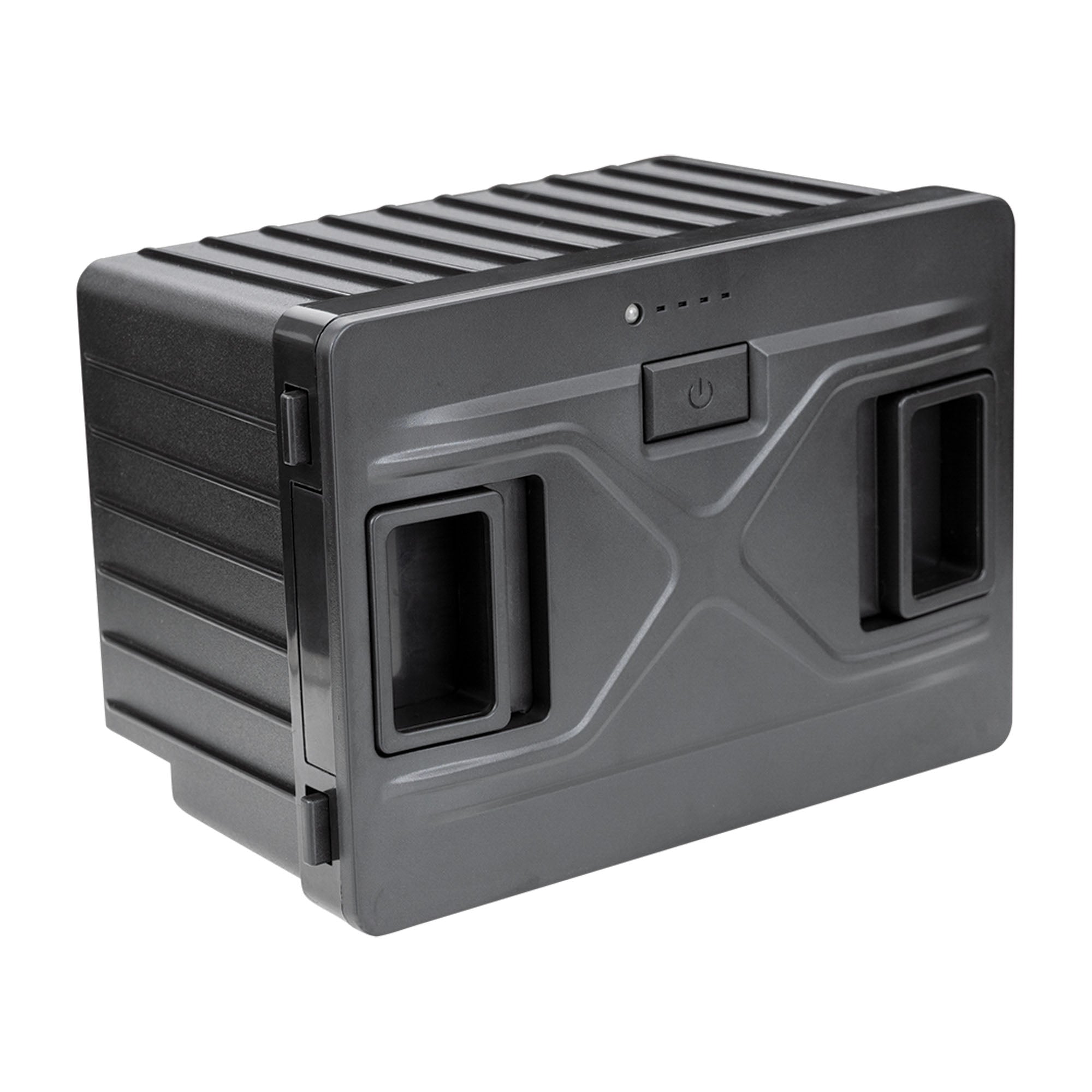 The Igenix Removable Battery for IGBF03667B is a black, rectangular 10.8V battery pack featuring two handles, a power button, and front-facing LED indicator lights. Its surface has a textured, ridged design for enhanced grip. Engineered to provide reliable performance within its specified operating temperature range, this battery supports a high maximum continuous discharge current.