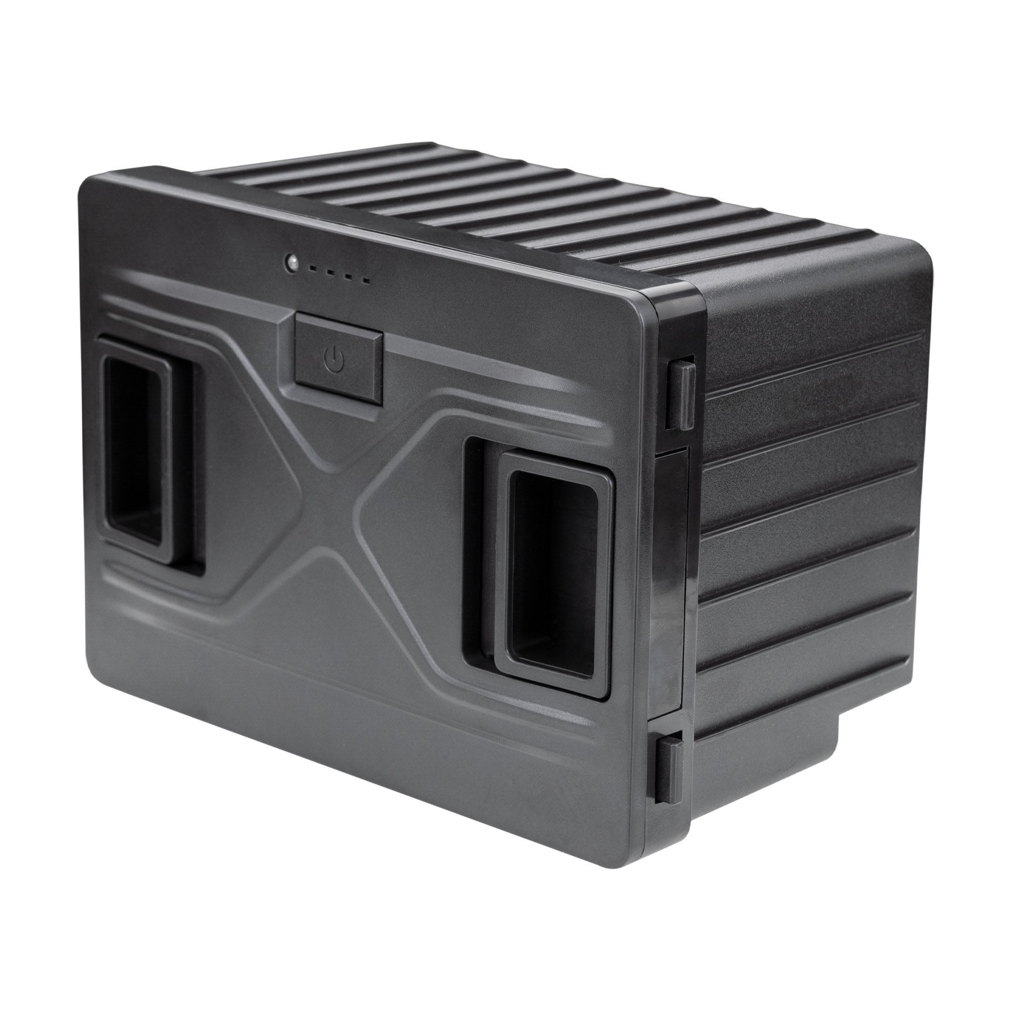 A black, rectangular Igenix Removable Battery for IGBF03667B features two handles, a textured surface, and an LED indicator on top. The device also includes a power button on the front and is powered by a 10.8V battery, ensuring reliable energy output for your devices.