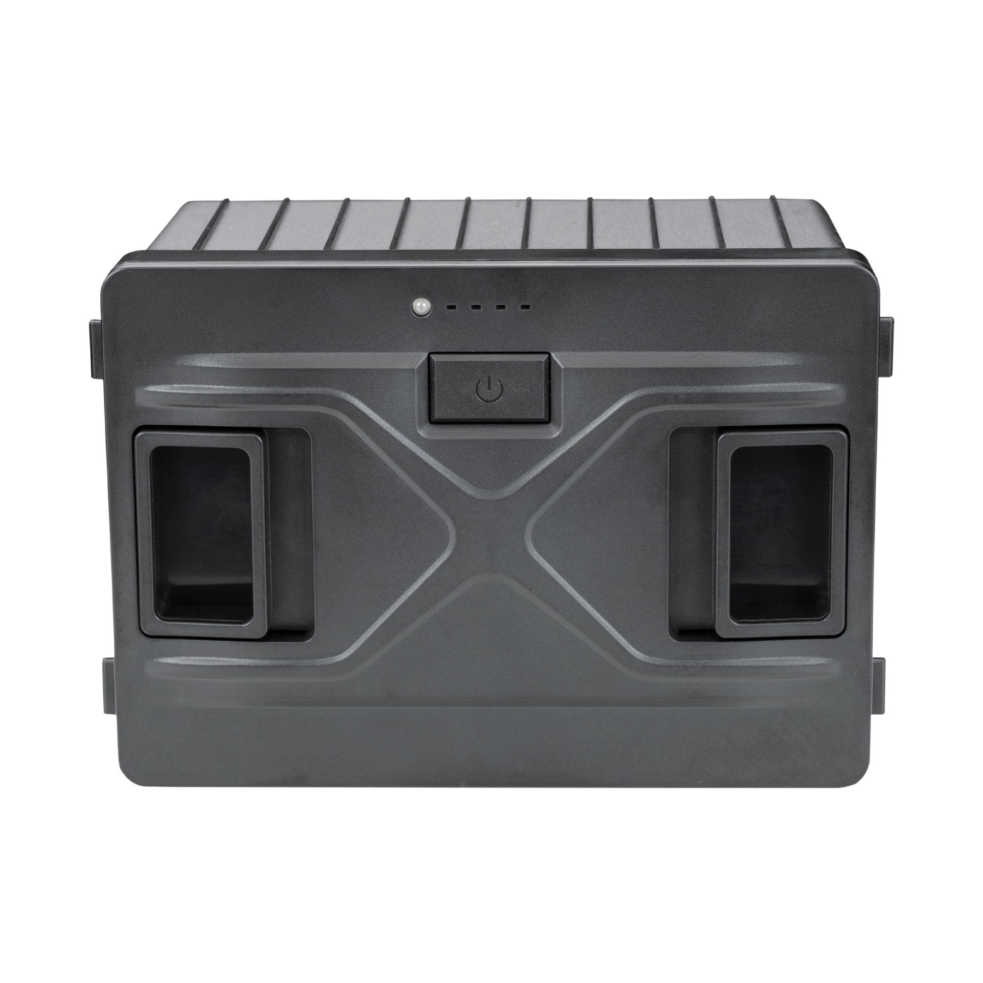 A black, rectangular, hard plastic case with two integrated handles, a central power button, and a front-facing LED indicator. The Removable Battery for IGBF03667B by Igenix features a ridged top and an “X” pattern on the face. Engineered to house an internal resistance battery, this device delivers reliable performance within its specified operating temperature range.
