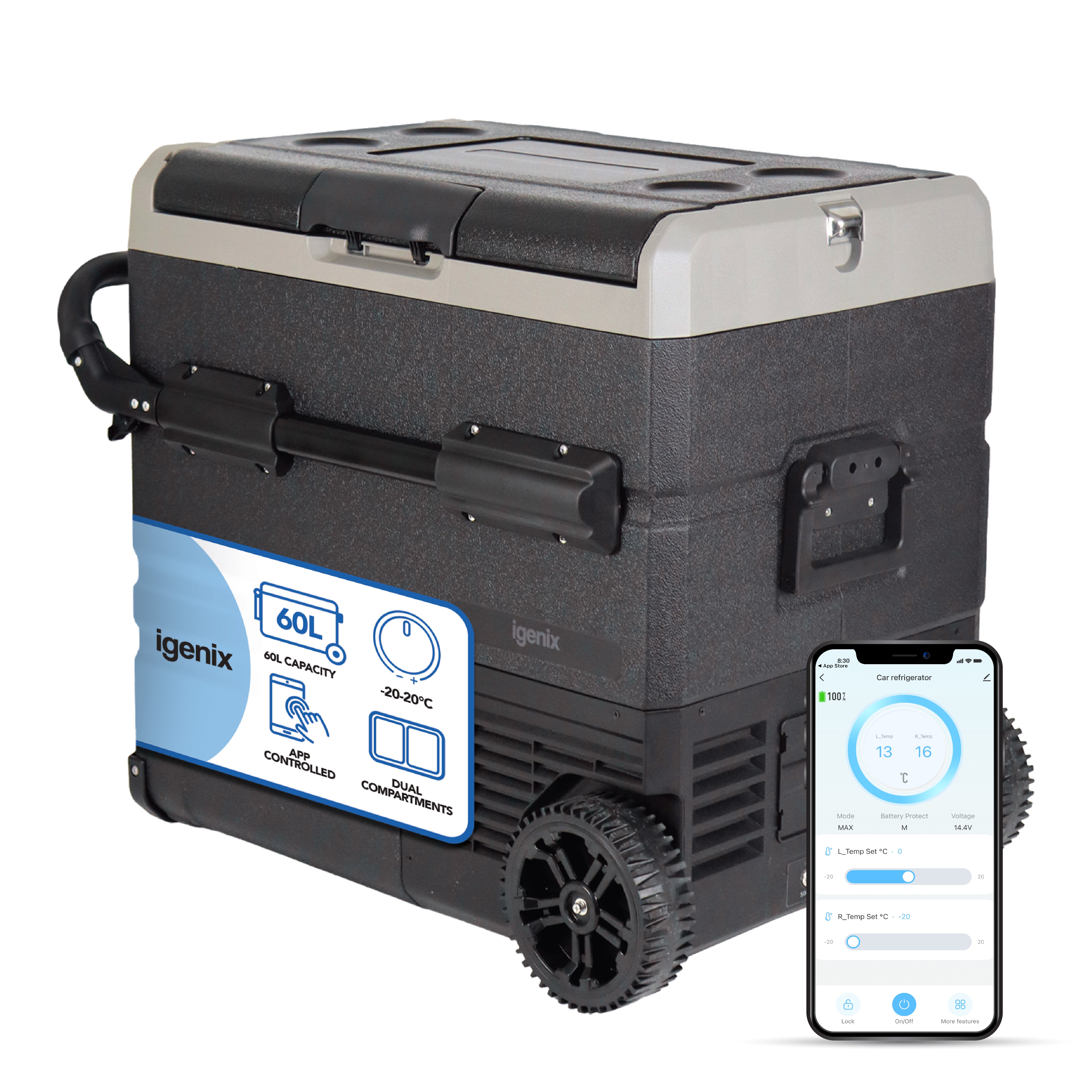 The Igenix 60L Portable Fridge Freezer in black features large wheels, dual compartments, and a -20°C to 20°C range. Next to the outdoor fridge, a smartphone shows the companion app interface.