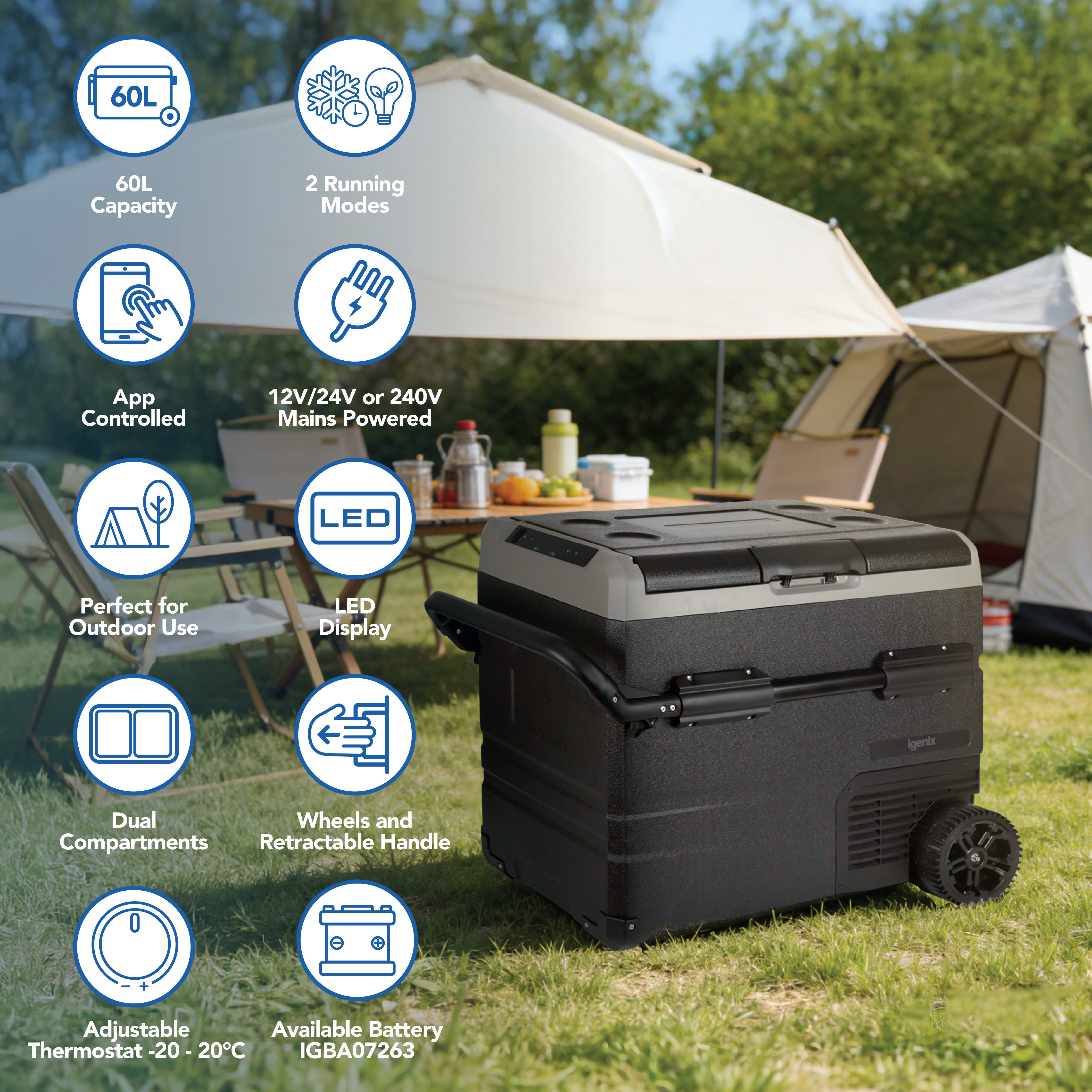 The Igenix 60L Portable Fridge Freezer, Black, with wheels and a retractable handle, is set up at a grassy campsite beside tents. Feature icons show app control, LED display, dual compartments, thermostat control, and multiple power options.