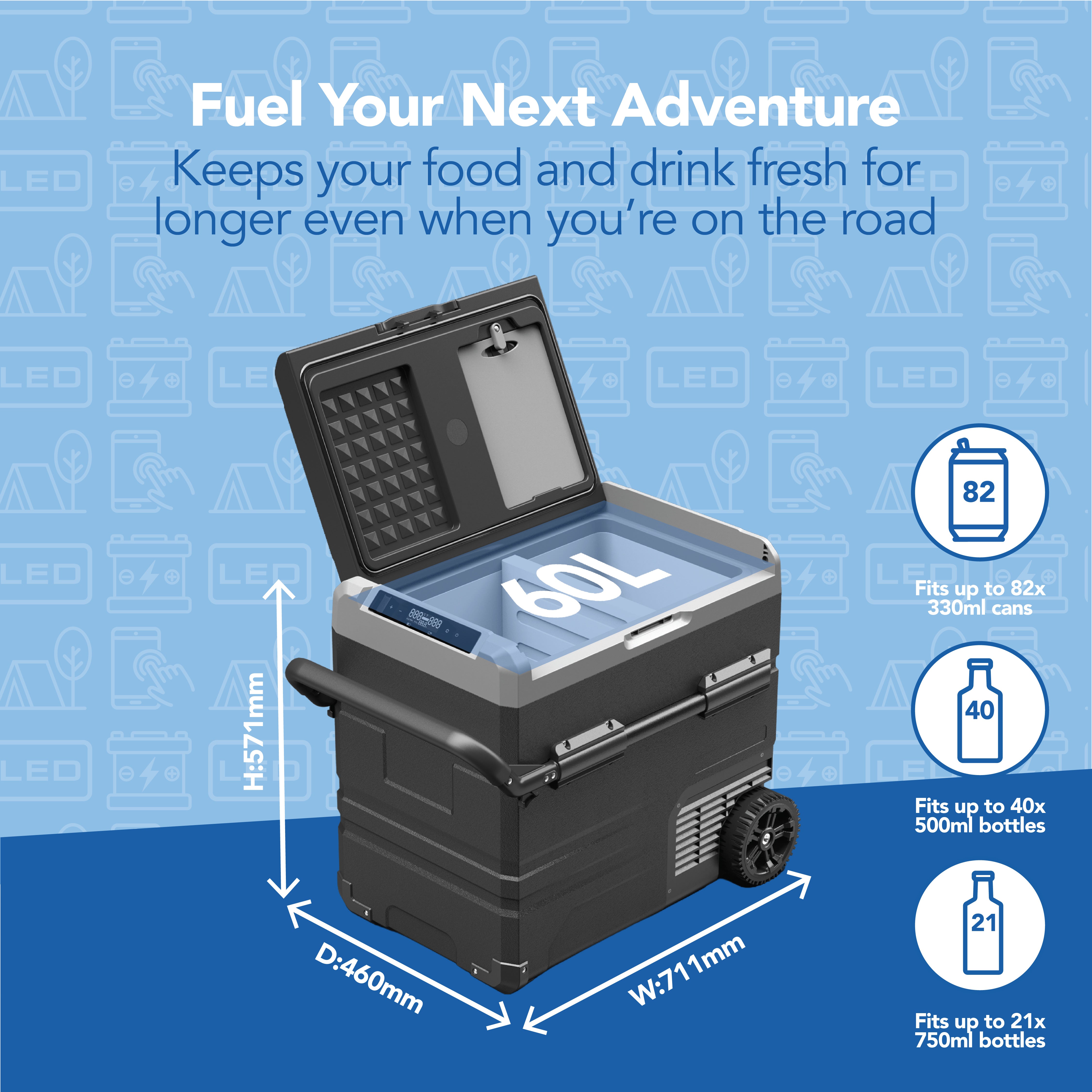 The Igenix 60L Portable Fridge Freezer in black is shown open, revealing its roomy interior that holds up to 82 cans, 40 bottles, or 21 large bottles. Measuring 711mm wide, 460mm deep, and 457mm high, it's ideal for outdoor use.