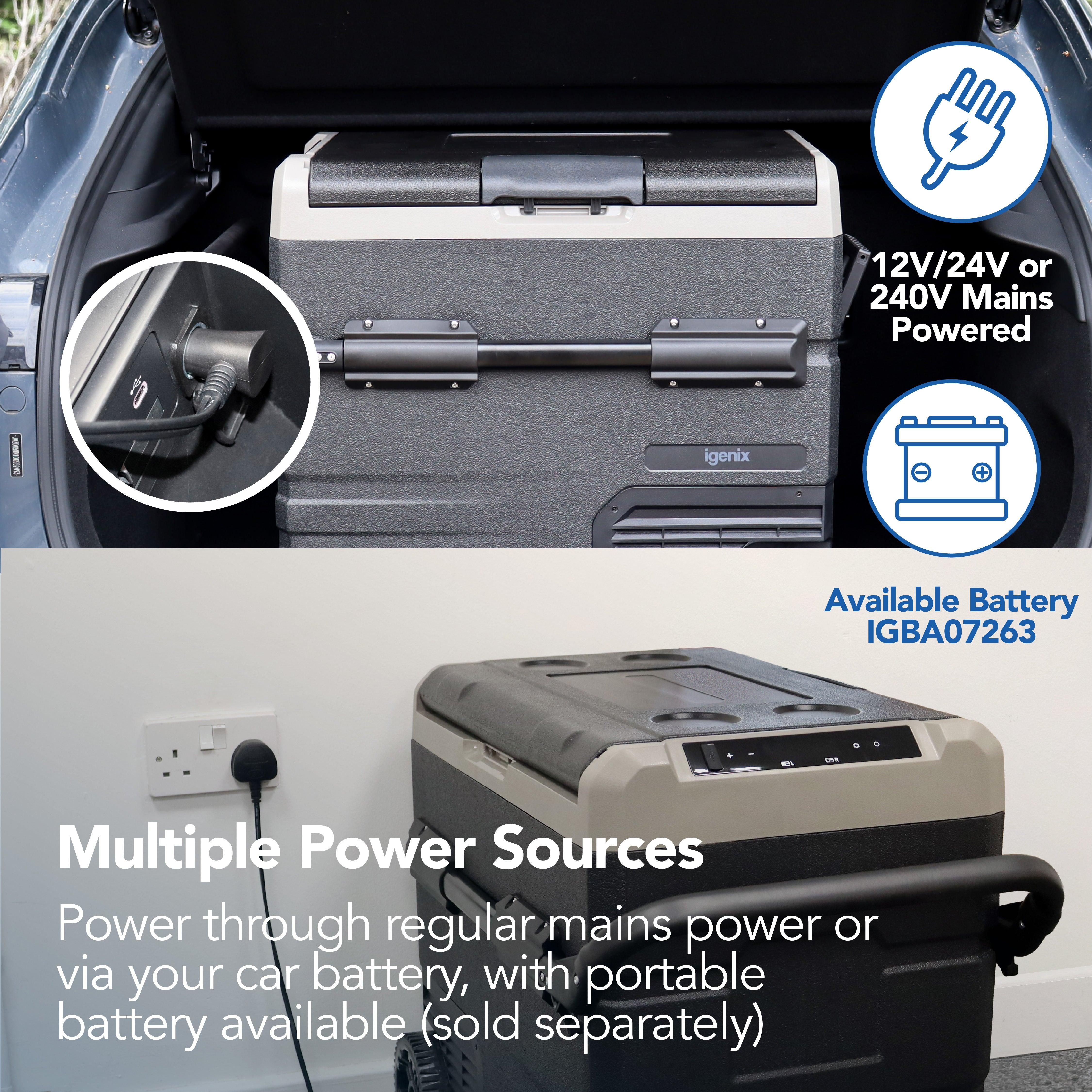 The Igenix 60L Portable Fridge Freezer, Black, fits in your car boot or indoors and runs on 12V/24V, 240V mains, or a portable battery (sold separately). Multiple Power Sources—ideal as an outdoor fridge for any adventure.