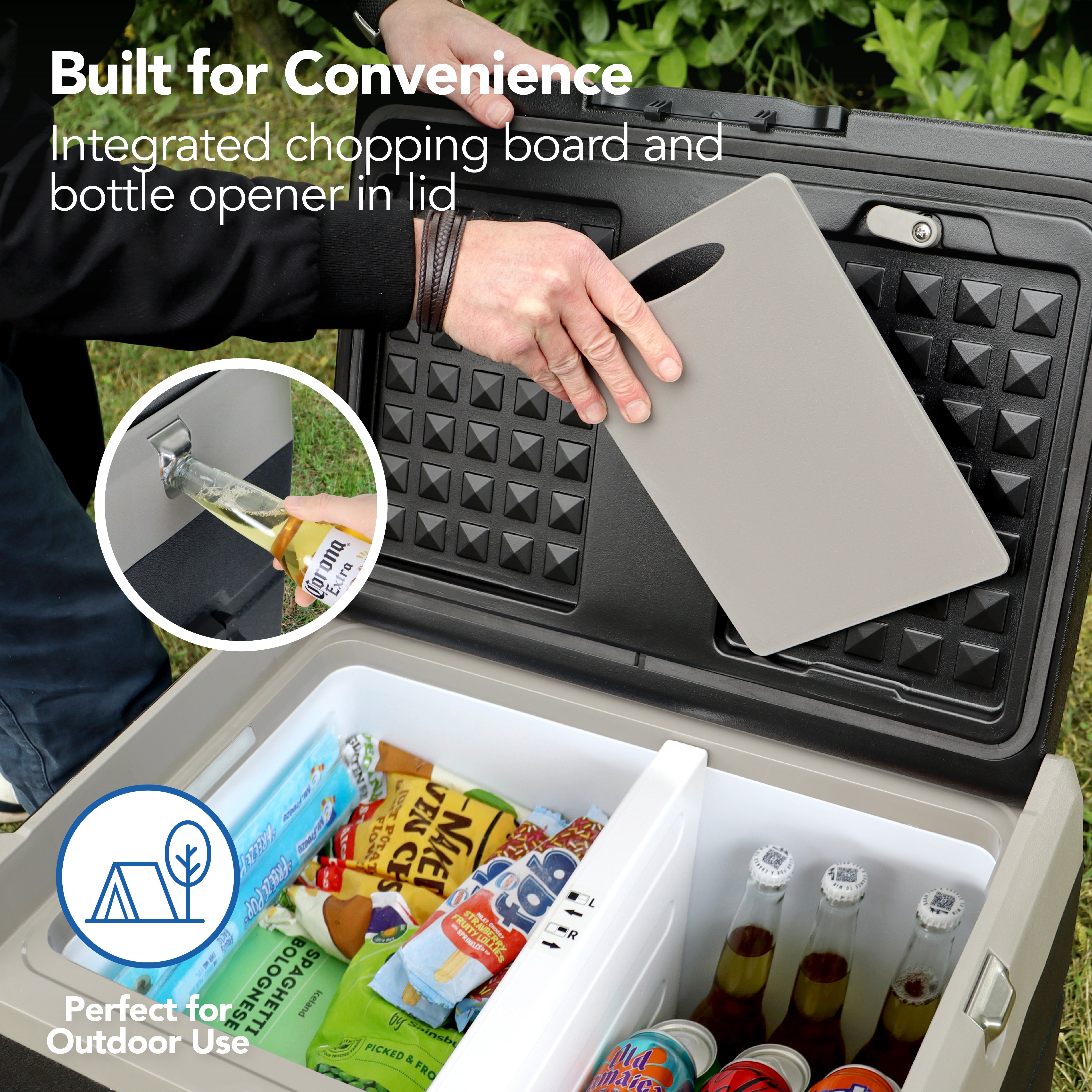 Someone lifts a chopping board off the Igenix 60L Portable Fridge Freezer's lid. This black cooler holds drinks & snacks, features a built-in bottle opener on its lid, and is ideal for outdoor use as both a fridge and freezer.