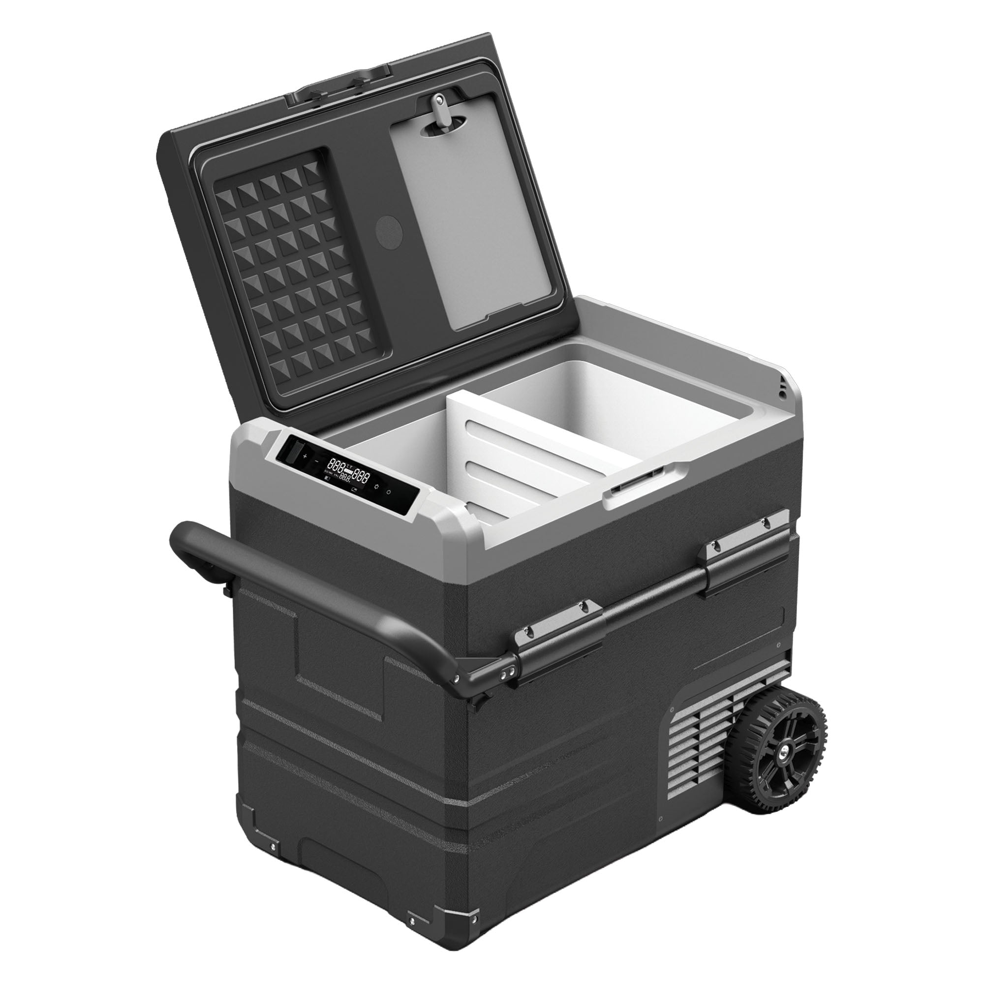The Igenix 60L Portable Fridge Freezer in black features wheels, a side handle, a digital control panel, and a hinged lid. Its roomy white interior with removable divider makes it ideal as a camping fridge or portable freezer.