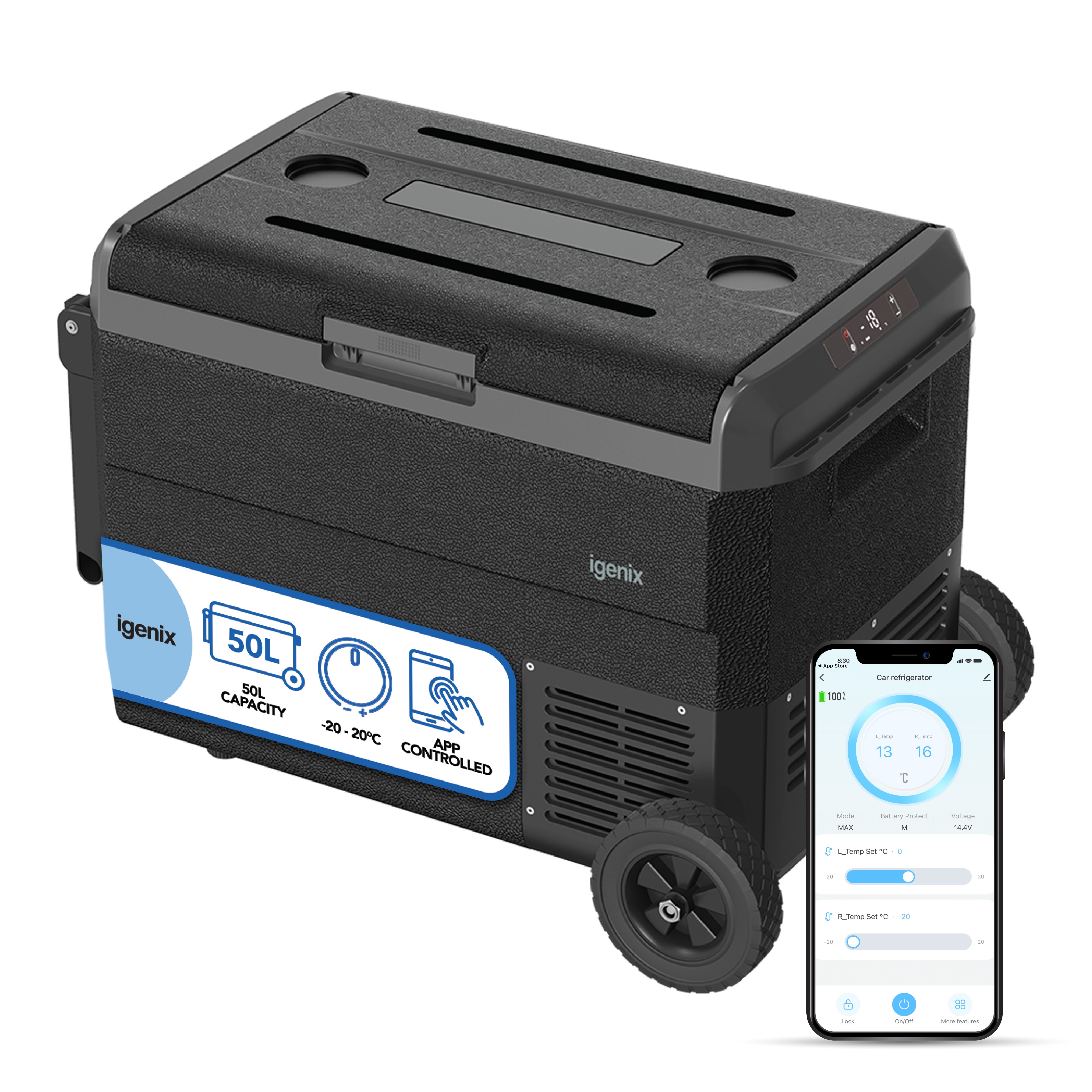 The Igenix 50L Portable Fridge Freezer in black is shown next to a smartphone with an app interface, highlighting its convenient temperature control—ideal for camping.