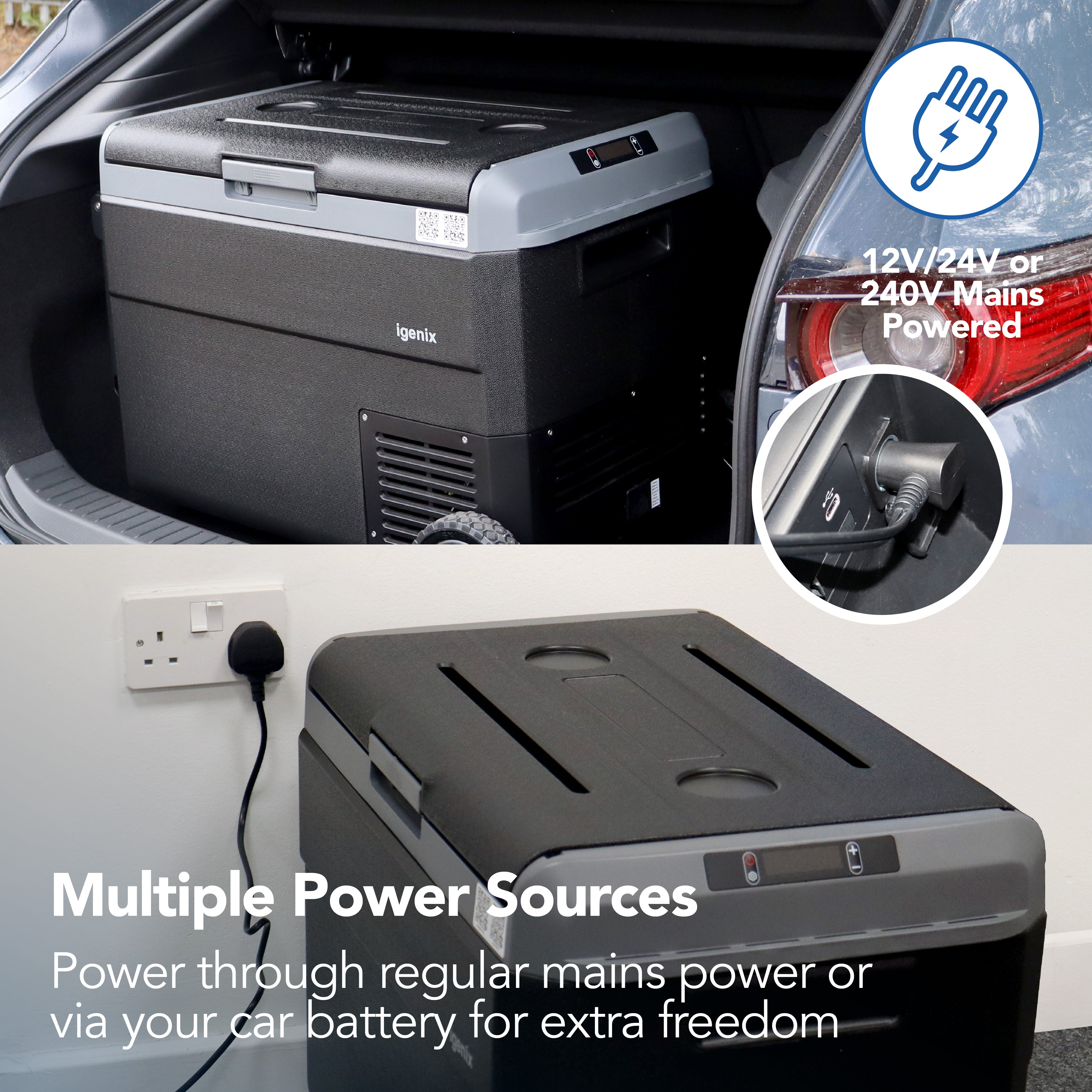 The Igenix 50L Portable Fridge Freezer, Black, is displayed in a car trunk and plugged into a wall socket, showing it works with 12V, 24V, or 240V power—ideal for camping with mains or car battery. Text reads: Multiple Power Sources.