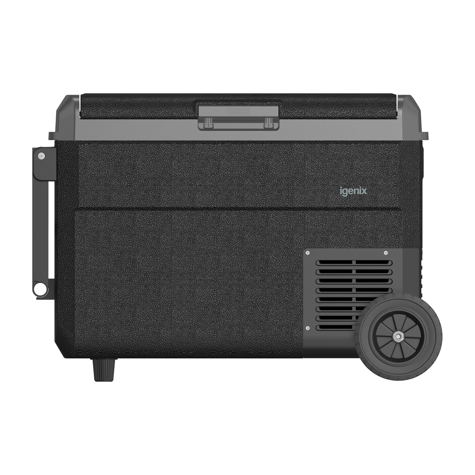 The Igenix 50L Portable Fridge Freezer in black features a handle, two large wheels, and ventilation grilles—making it perfect for camping and outdoor adventures.