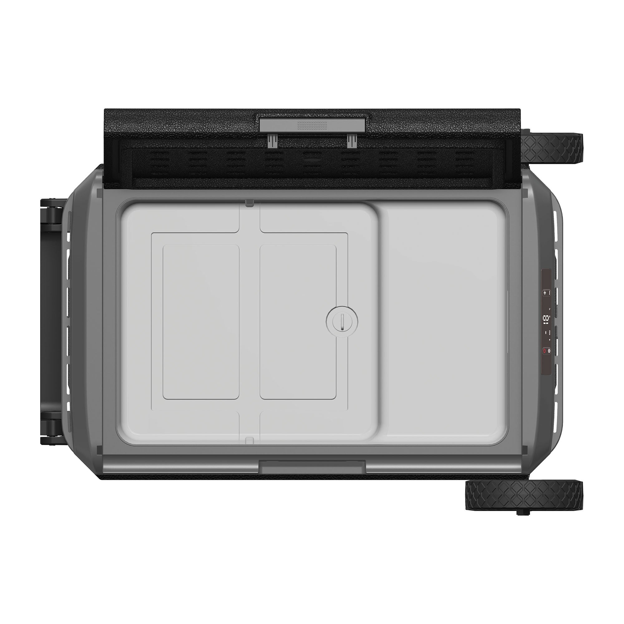 Top-down view of the Igenix 50L Portable Fridge Freezer in black, featuring two large wheels, an opposite handle, and a central closed lid—perfect as a camping fridge for outdoor adventures.