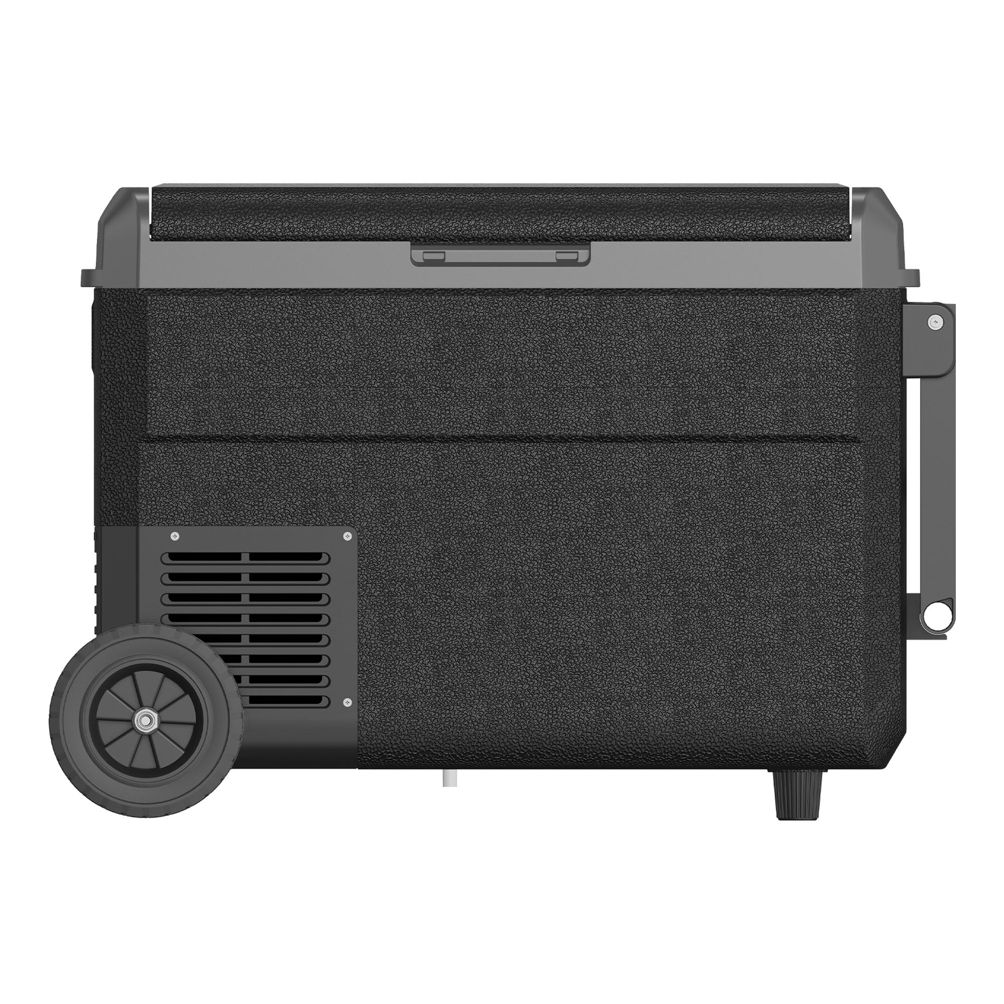 The Igenix 50L Portable Fridge Freezer in black features a handle and a large left-side wheel, seen from the side. Its textured surface and vent-like openings by the wheel make it an ideal compact camping fridge.