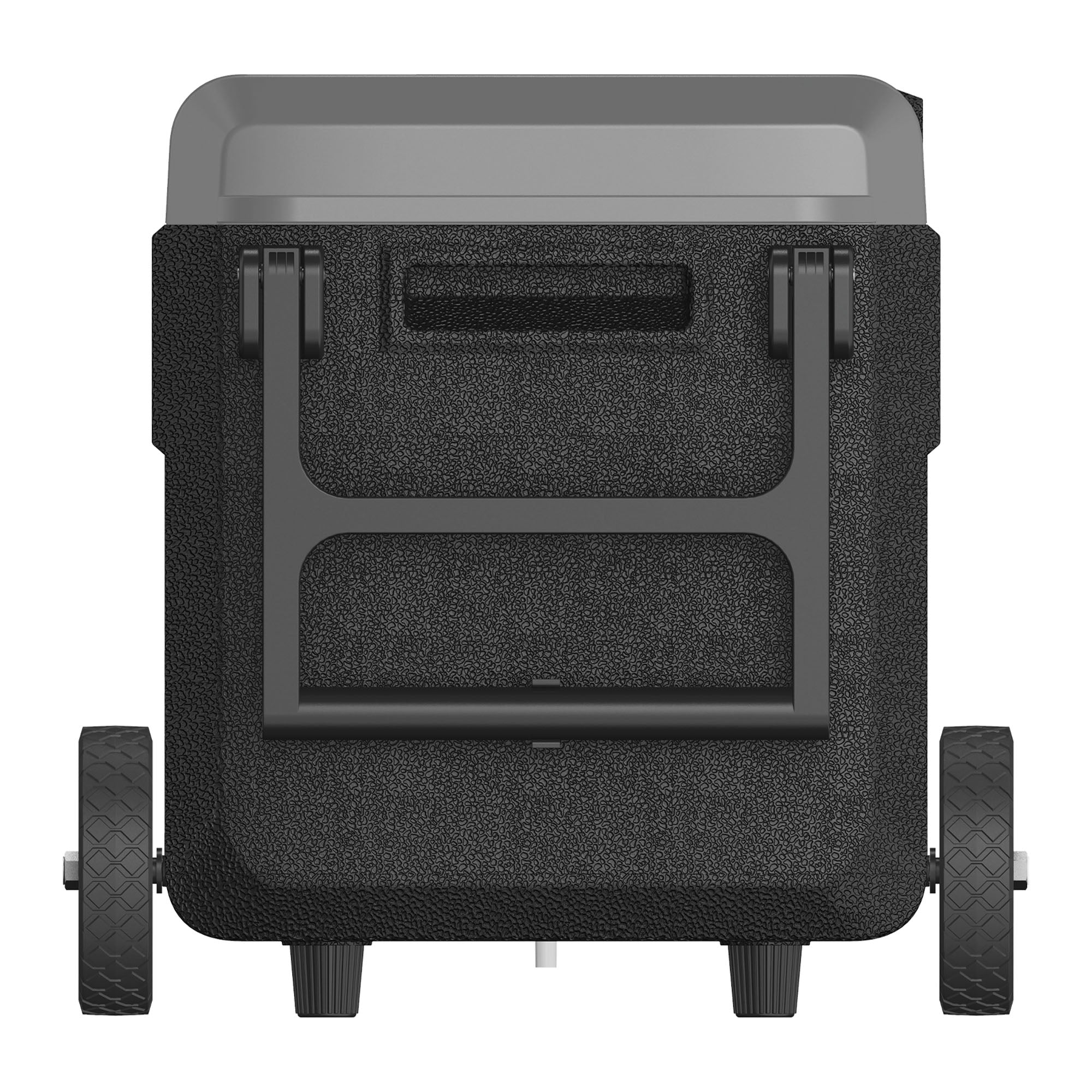 The Igenix 50L Portable Fridge Freezer in black features large wheels, a sturdy handle, and a textured surface—ideal for camping and outdoor adventures.