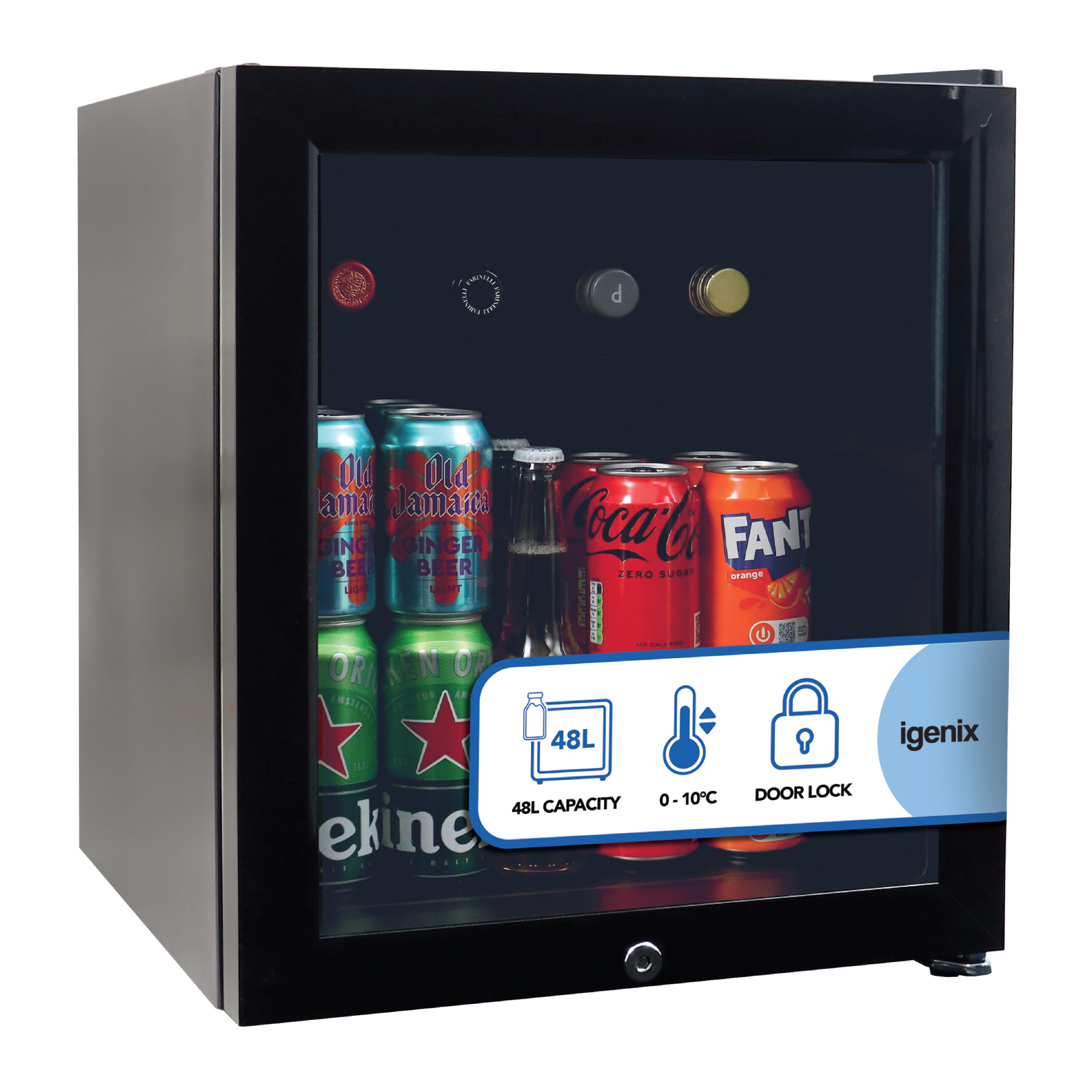 The Igenix Tabletop Drinks Fridge (48L, Black) with a glass door showcases cans of Heineken, Old Jamaica Ginger Beer, Coca-Cola, and Fanta. A blue label lists its 0–10°C range and secure door lock.