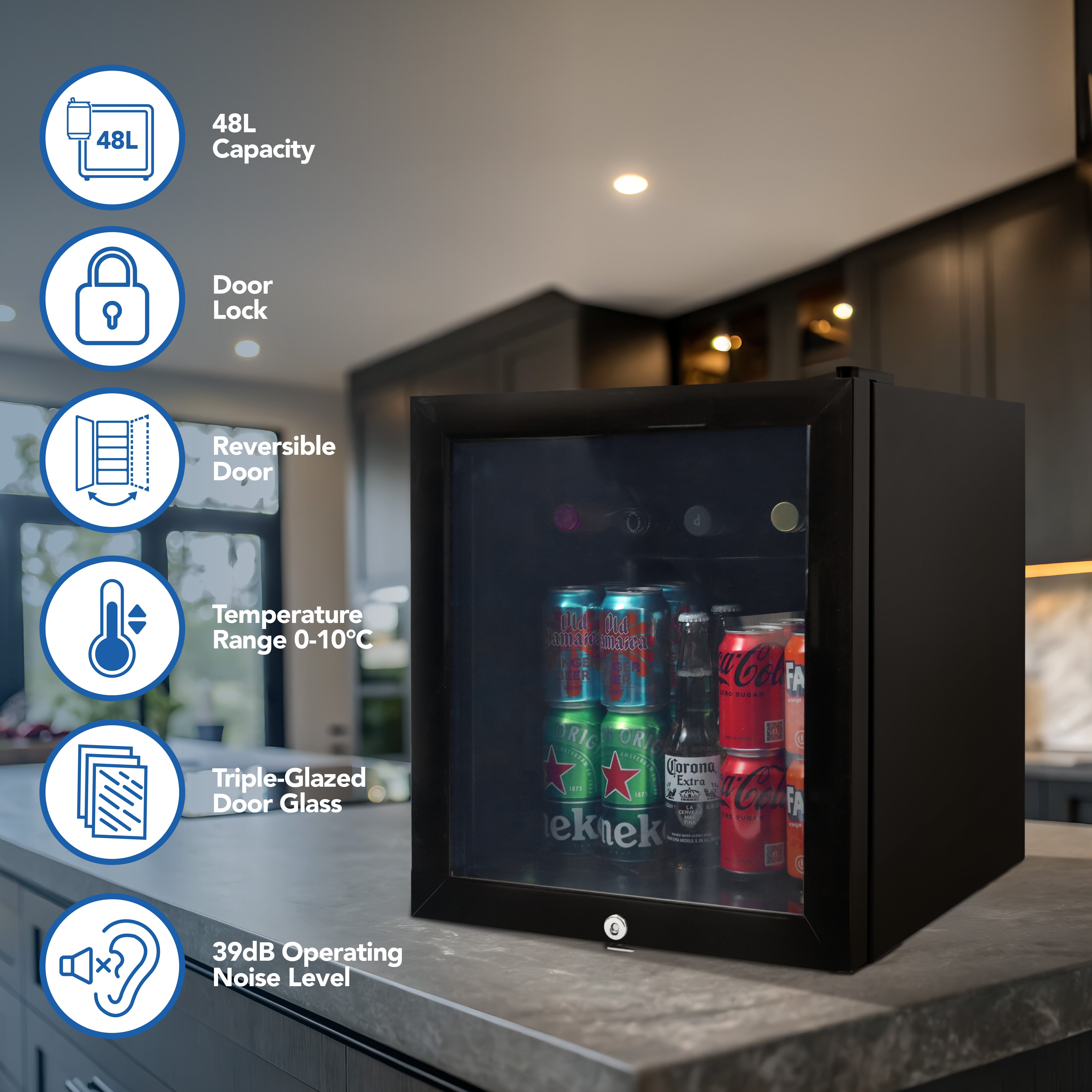 The Igenix Tabletop Drinks Fridge, 48 Litre, Black, features a lockable, reversible triple-glazed glass door, 0-10°C temperature range, and quiet 39dB operation—ideal for storing sodas and beers on your kitchen counter.
