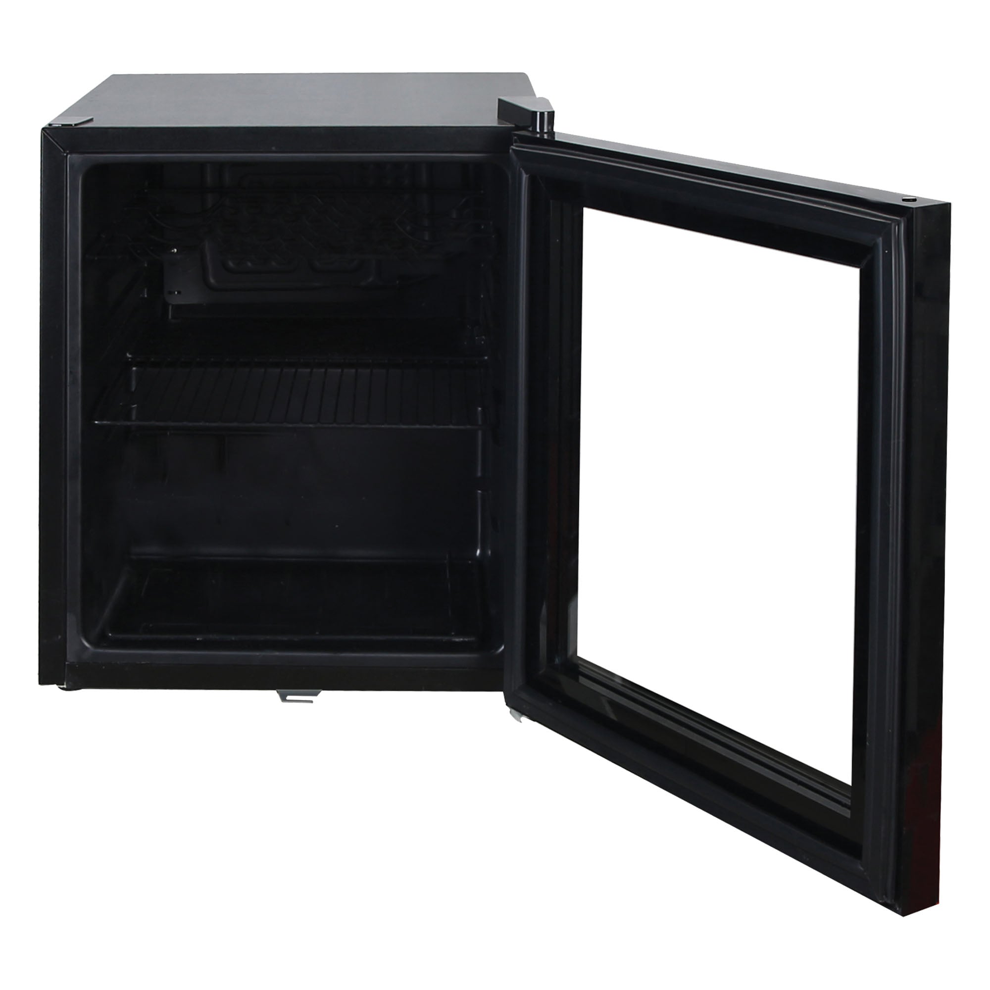 The Igenix Tabletop Drinks Fridge, 48 Litre in black, is a compact fridge with an open door revealing empty shelves—ideal for storing your essentials and keeping them cool.