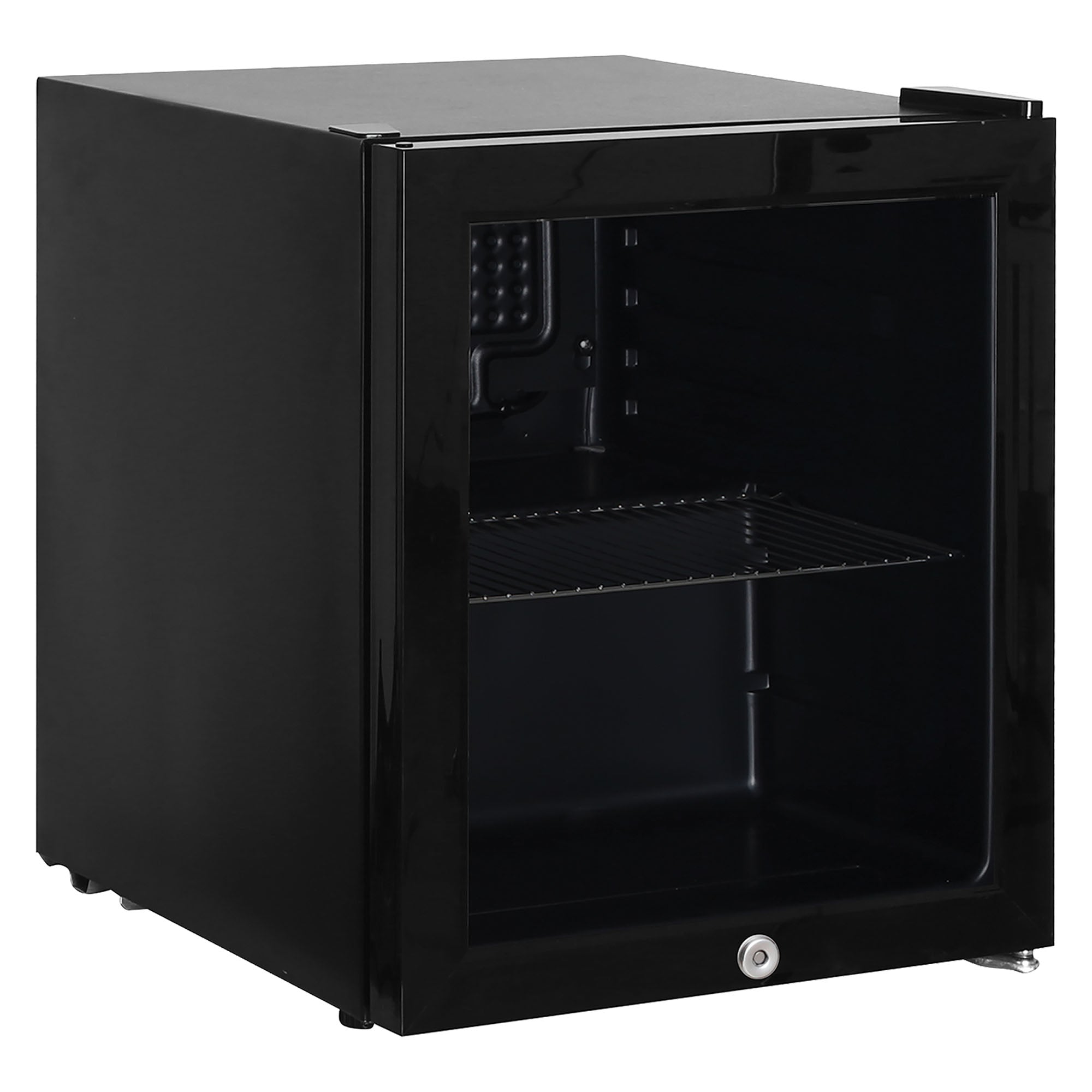The Igenix Tabletop Drinks Fridge, 48 Litre, Black, features a sleek glass door, single wire shelf, and bottom lock. This modern fridge is compact and empty, highlighting its simple yet stylish design for drinks storage.