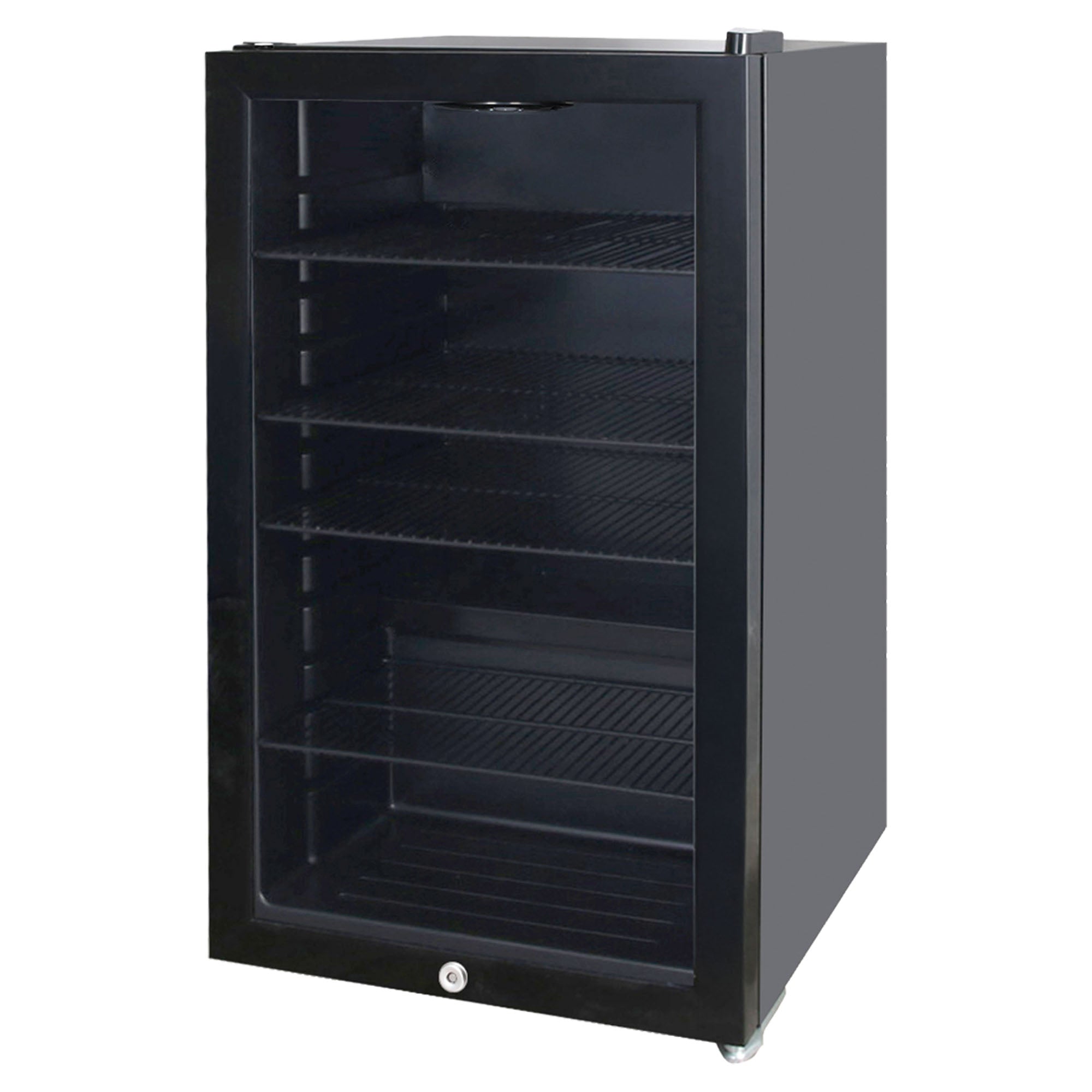 The Igenix Under Counter Drinks Fridge, 98 Litre, Black features a glass front door, five empty shelves, and small wheels—ideal for stylish beverage storage.