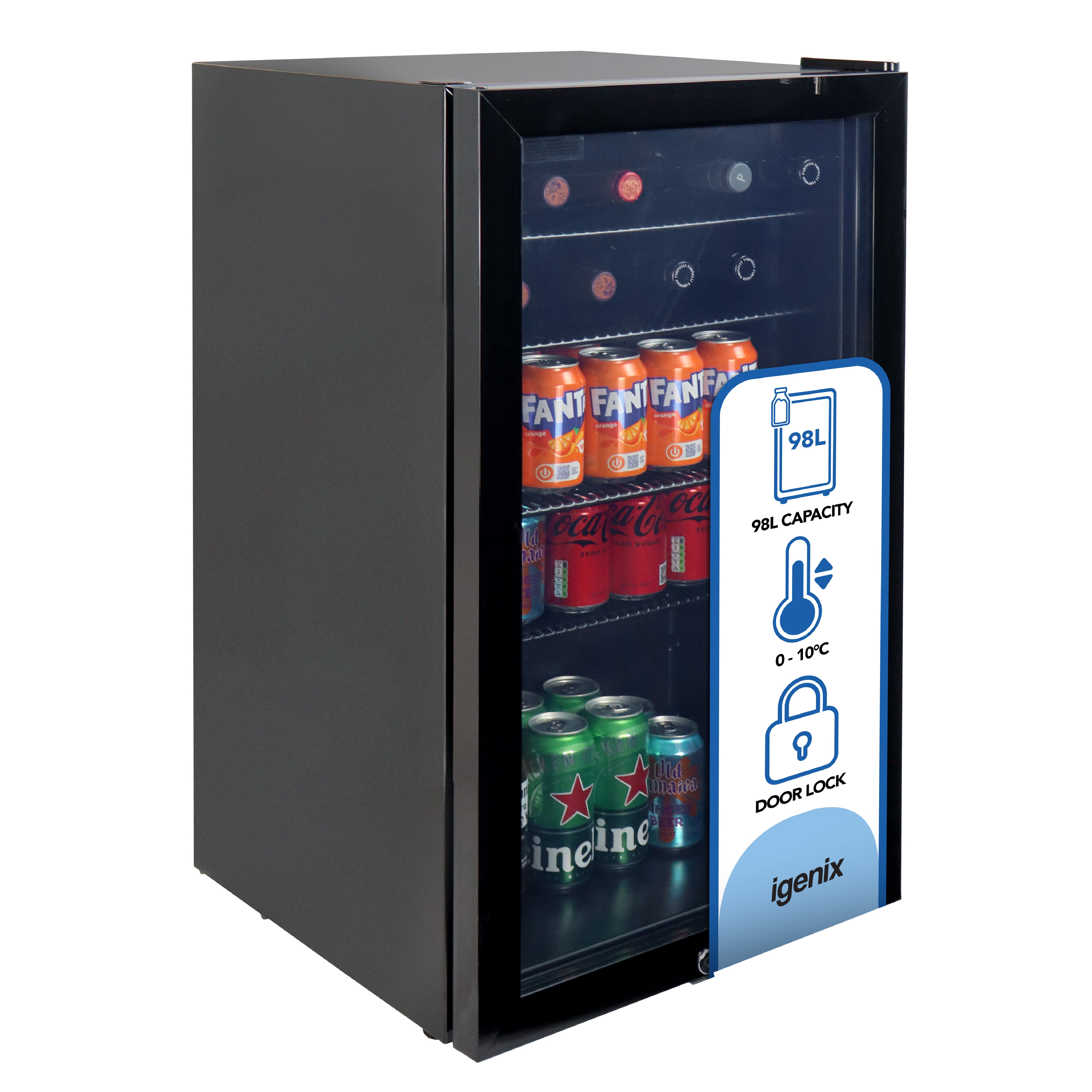 The Igenix Under Counter Drinks Fridge, 98 Litre, Black, features a glass door showing cans of Fanta, Coca-Cola, and Heineken. It offers a 0-10°C temperature range and secure door lock.