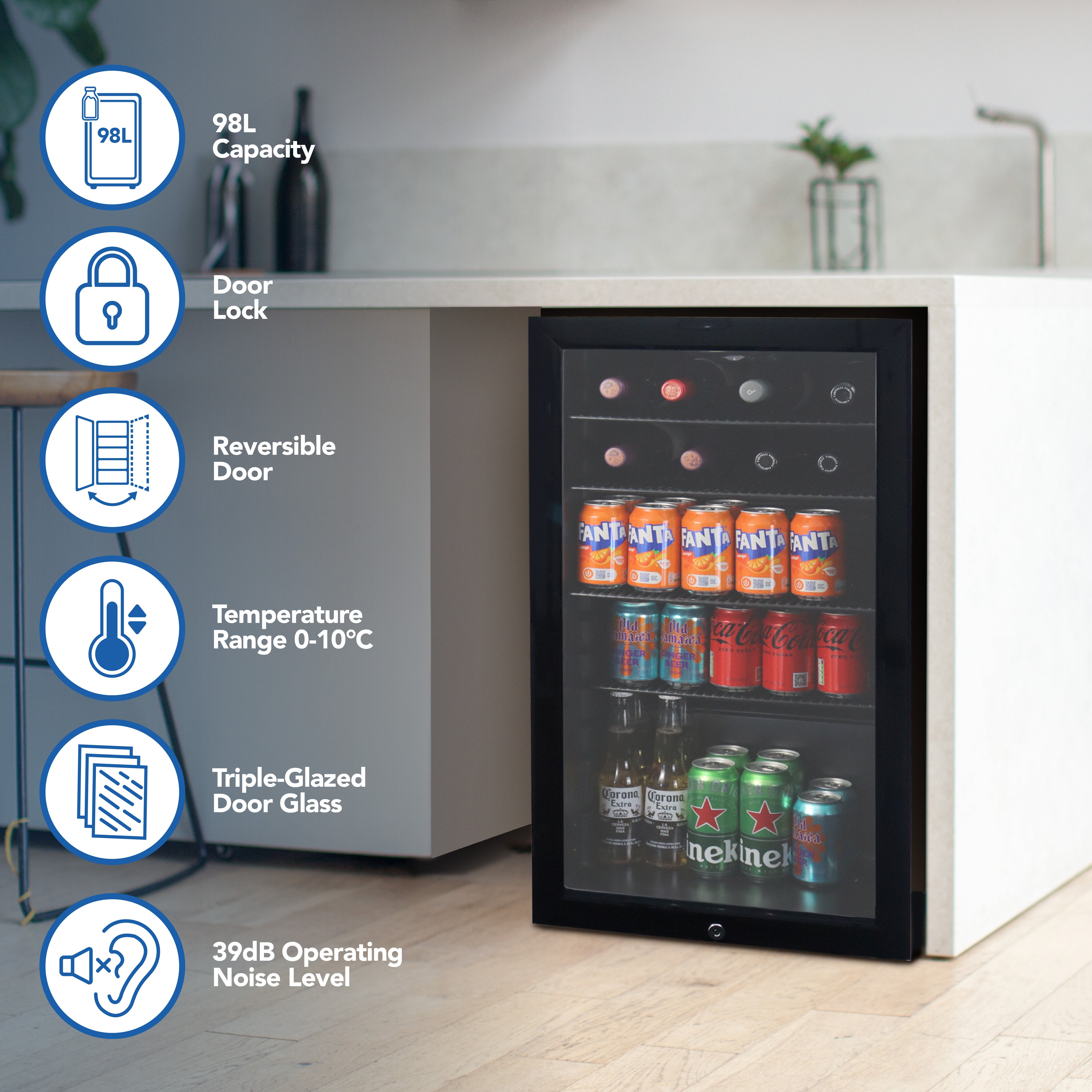 The Igenix Under Counter Drinks Fridge, 98 Litre, Black features a sleek design with glass front, door lock, reversible door, 0-10°C range, triple-glazed glass, and quiet 39dB operation—ideal for your kitchen island.